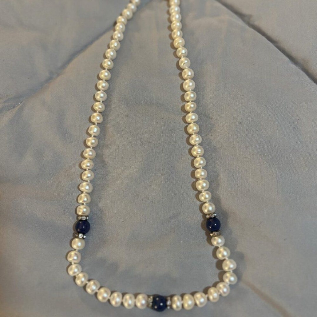 Faux Pearl and Lapis/Jewel Glass Necklace - 19" Long - Preowned - CL