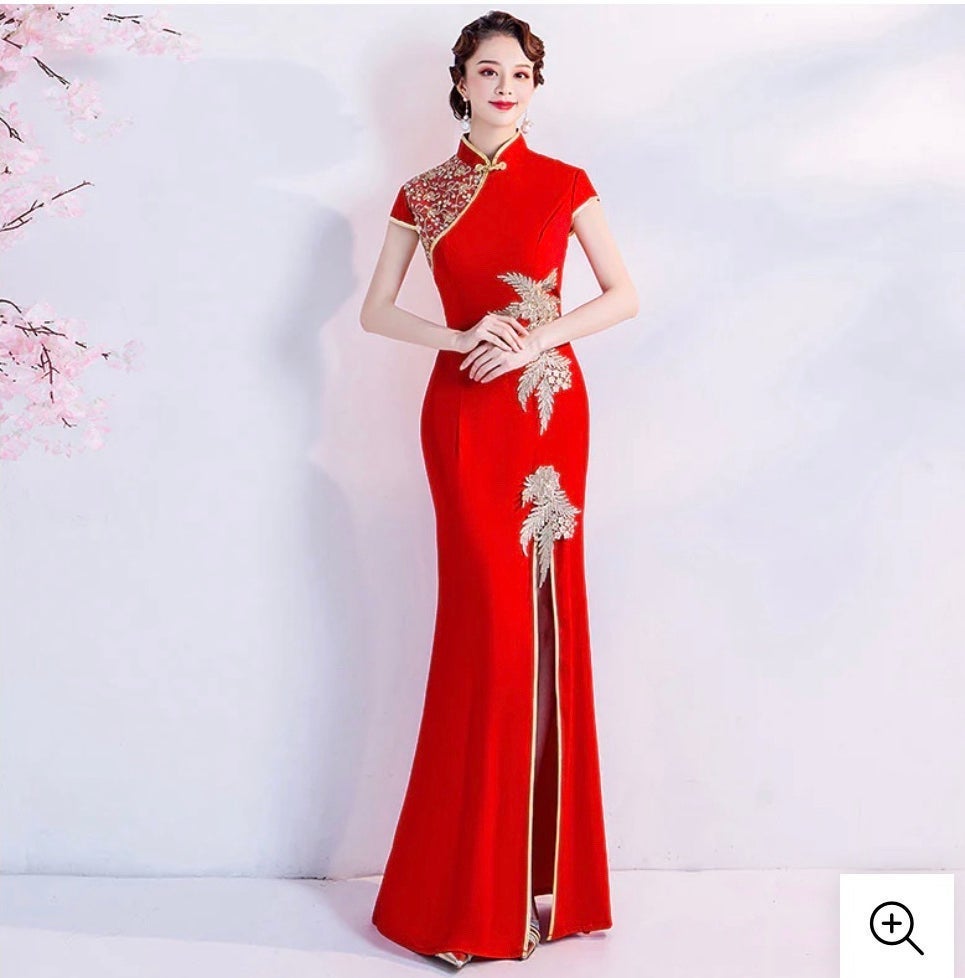 Floral embroidery appliques Cheongsam Top Mermaid evening dress