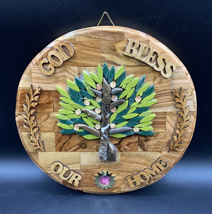 Olive Wood Tree Life Colored Mosaic Holy Land Bless Our Home 11” Round