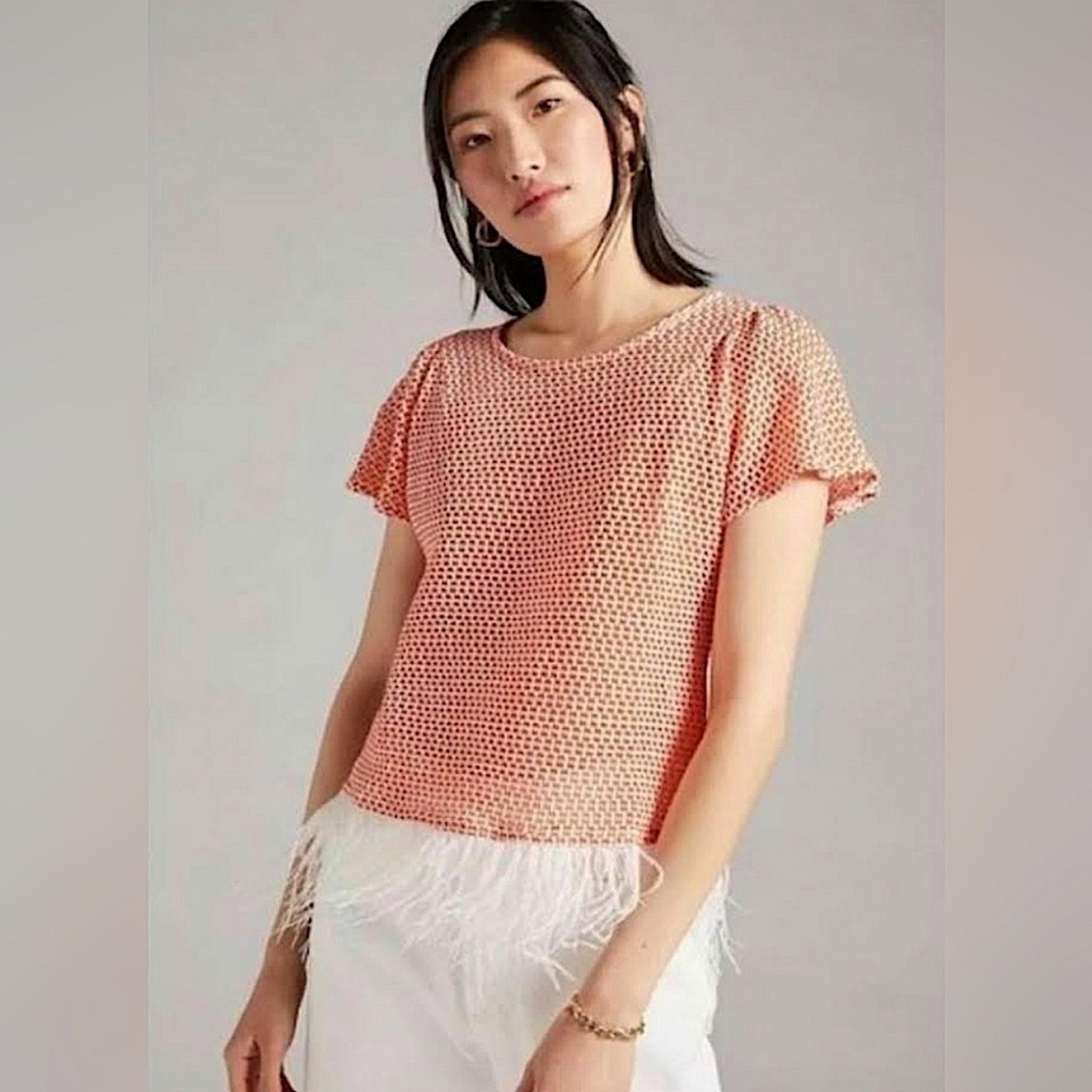 Anthropologie Eva Franco Feathered Sweater Top Orange White XS