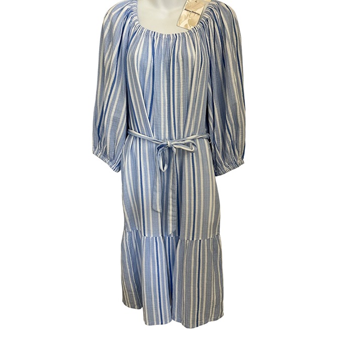 Tommy Bahama Villa Solstice Off-The-Shoulder Blue & White Striped Midi Dress Wit