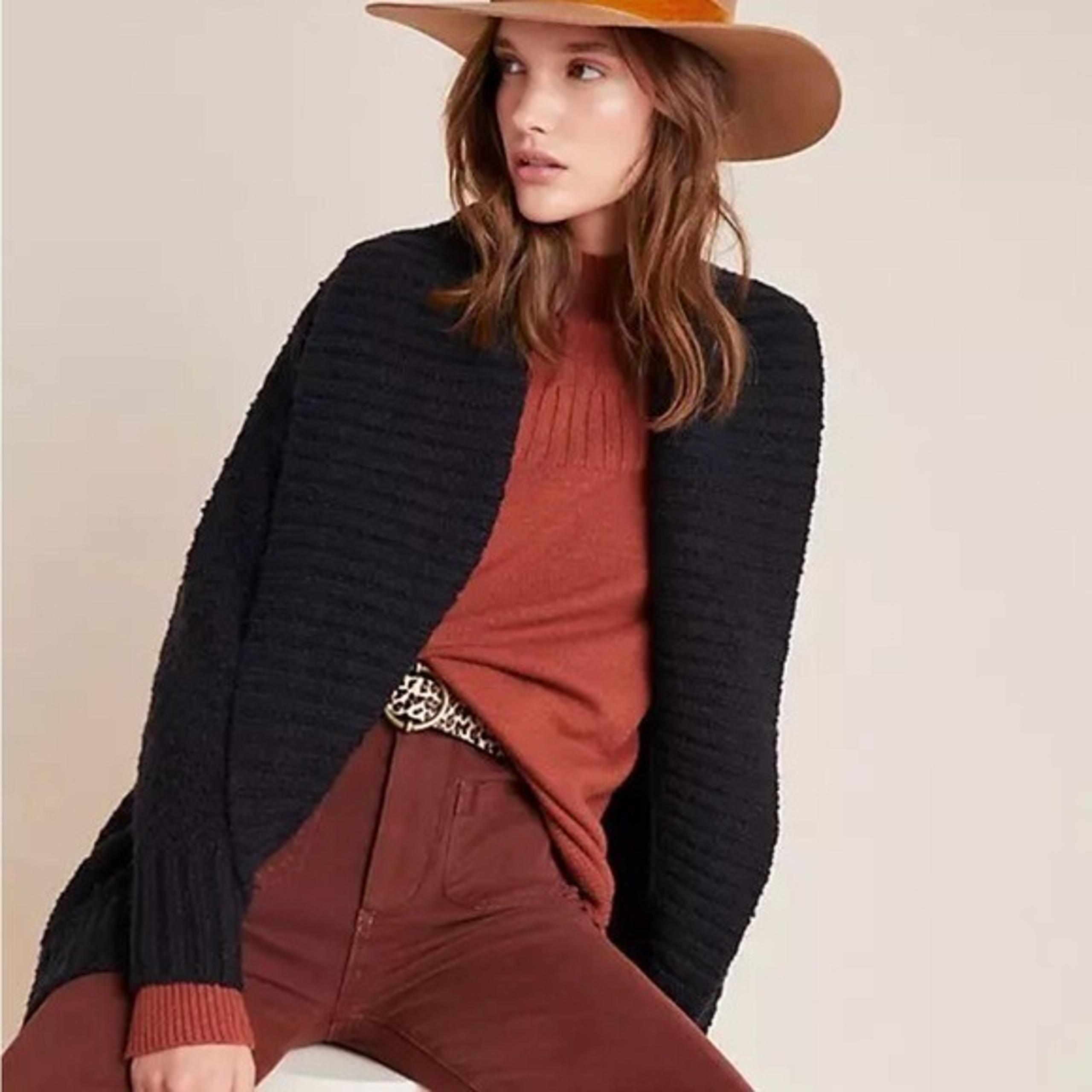 Anthropologie Sz Small Black Denise Textured Open Shawl Cardigan Cotton Blend