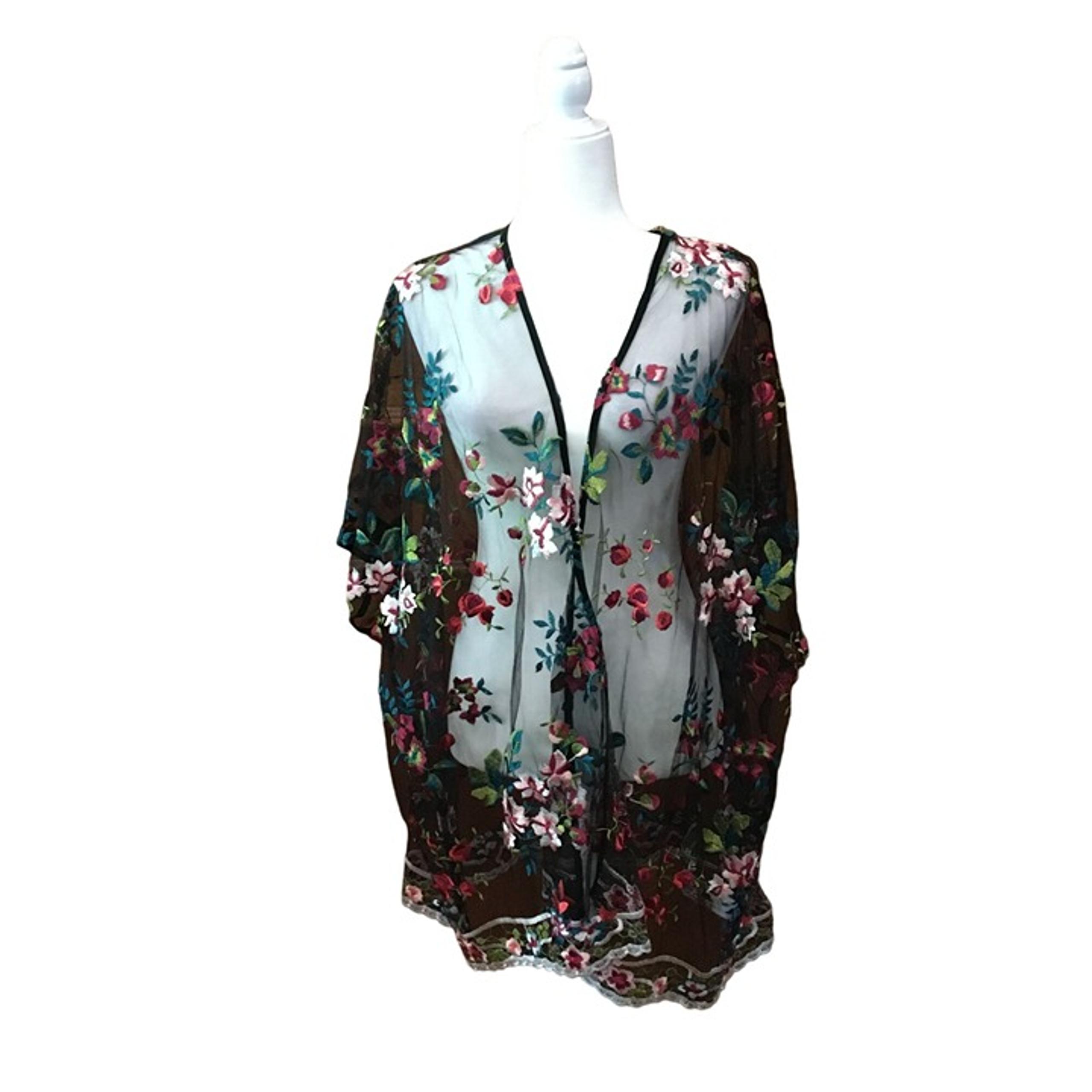 Umgee Floral Embroidered Sheer Kimono Cardigan M/L