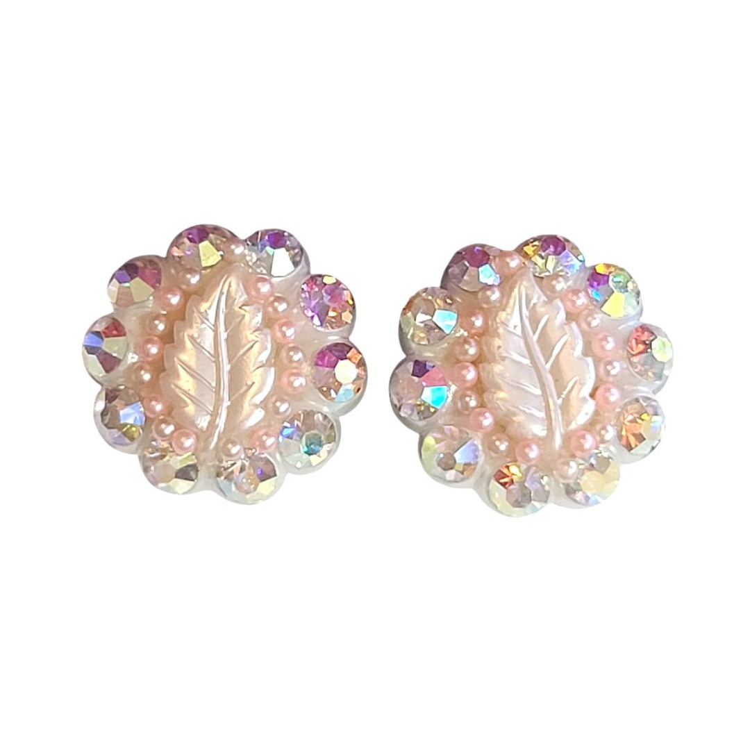Vintage AB Rhinestone Shimmer Pink Leaf Clip On Earrings
