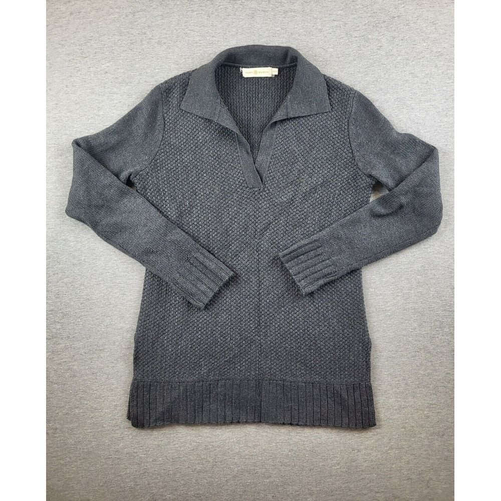Tory Burch Womens Textured Wool Tunic Sweater with Collar Waffle Knit Gray XS