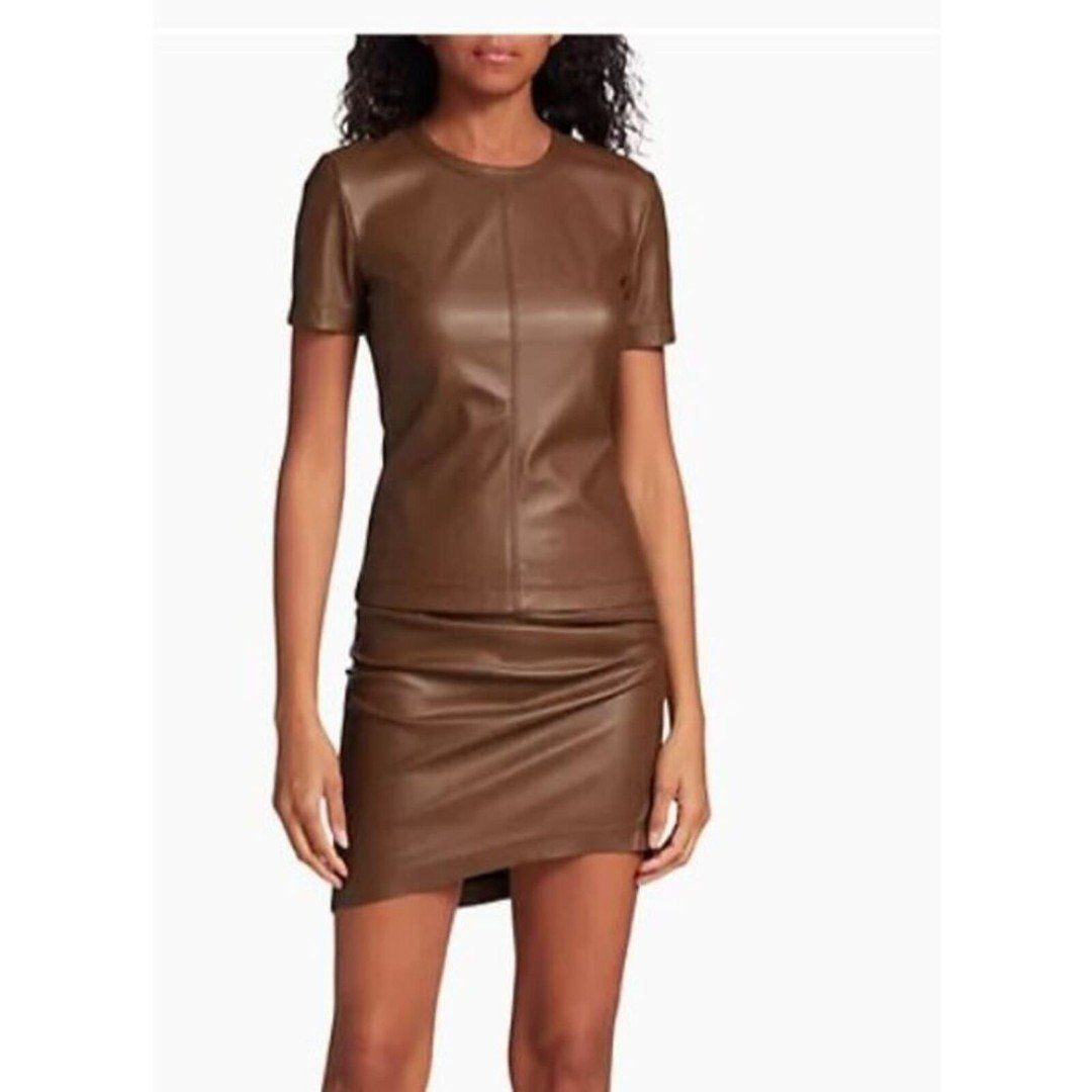 Hemut Lang Women's Twist Mini Faux Leather Ruched Skirt Cigar NWT 325 S