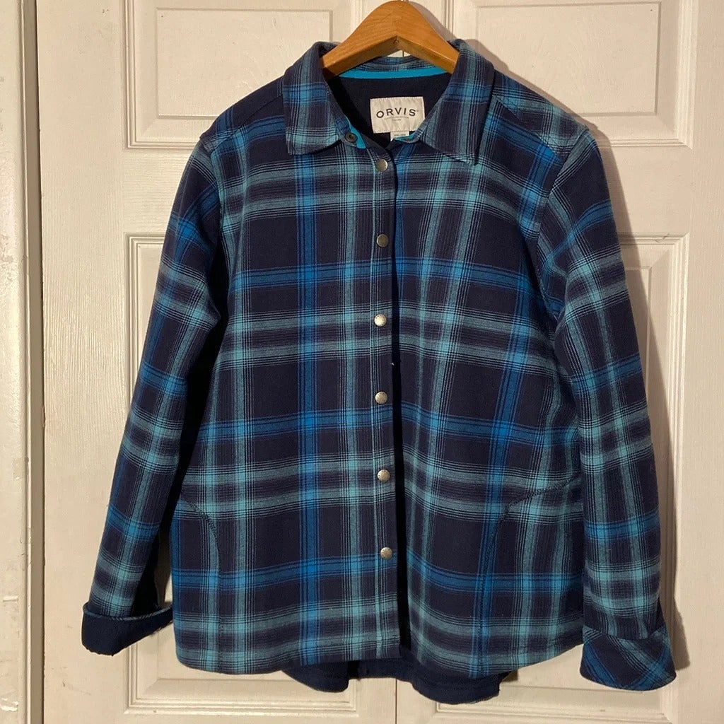 Orvis Flannel Blue Checked Plaid Snap Closure Shirt sz XXL