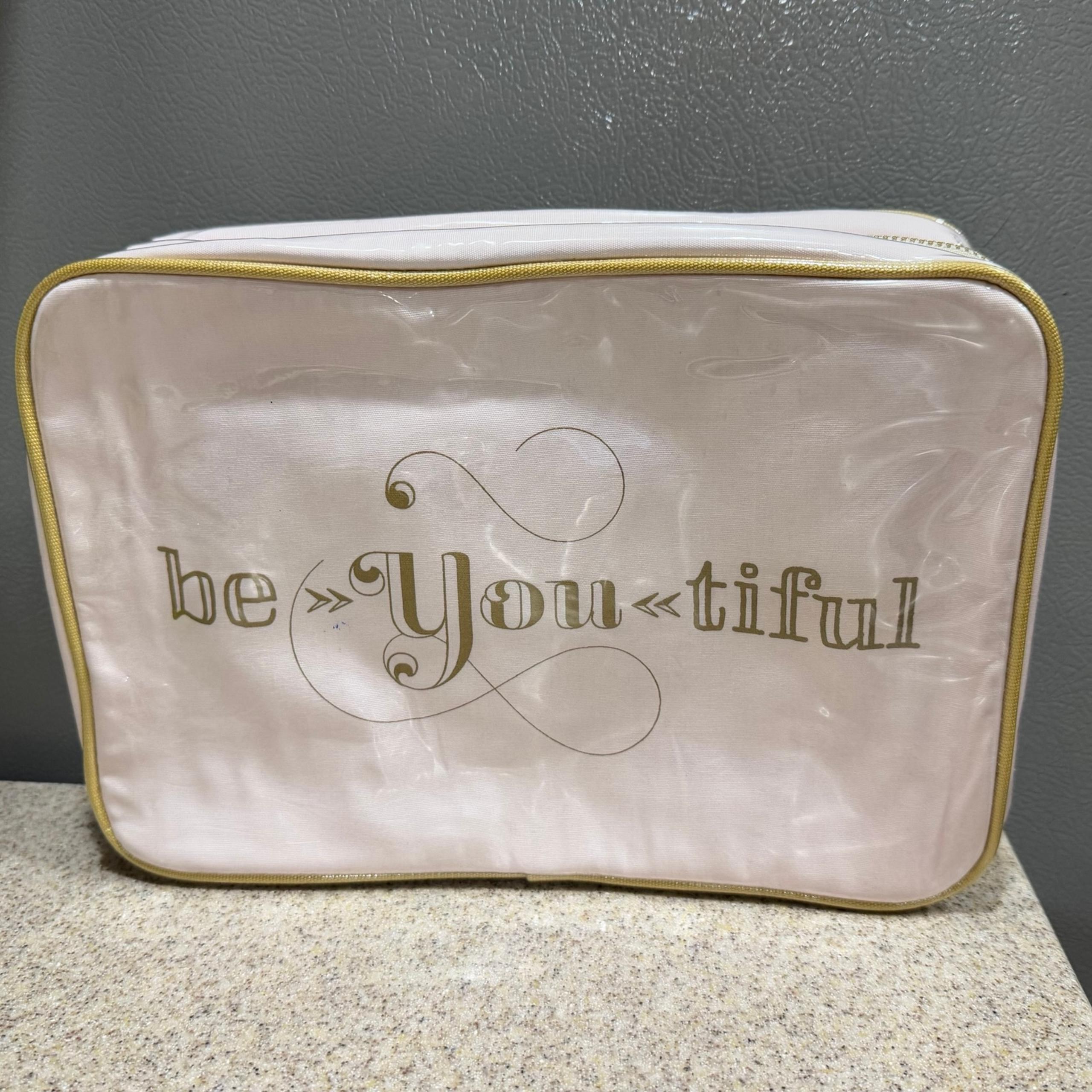 POTTERY BARN Pink Vinyl Cosmetic Makeup Toiletry Bag “Be-You-tiful” 11”x8"x3”