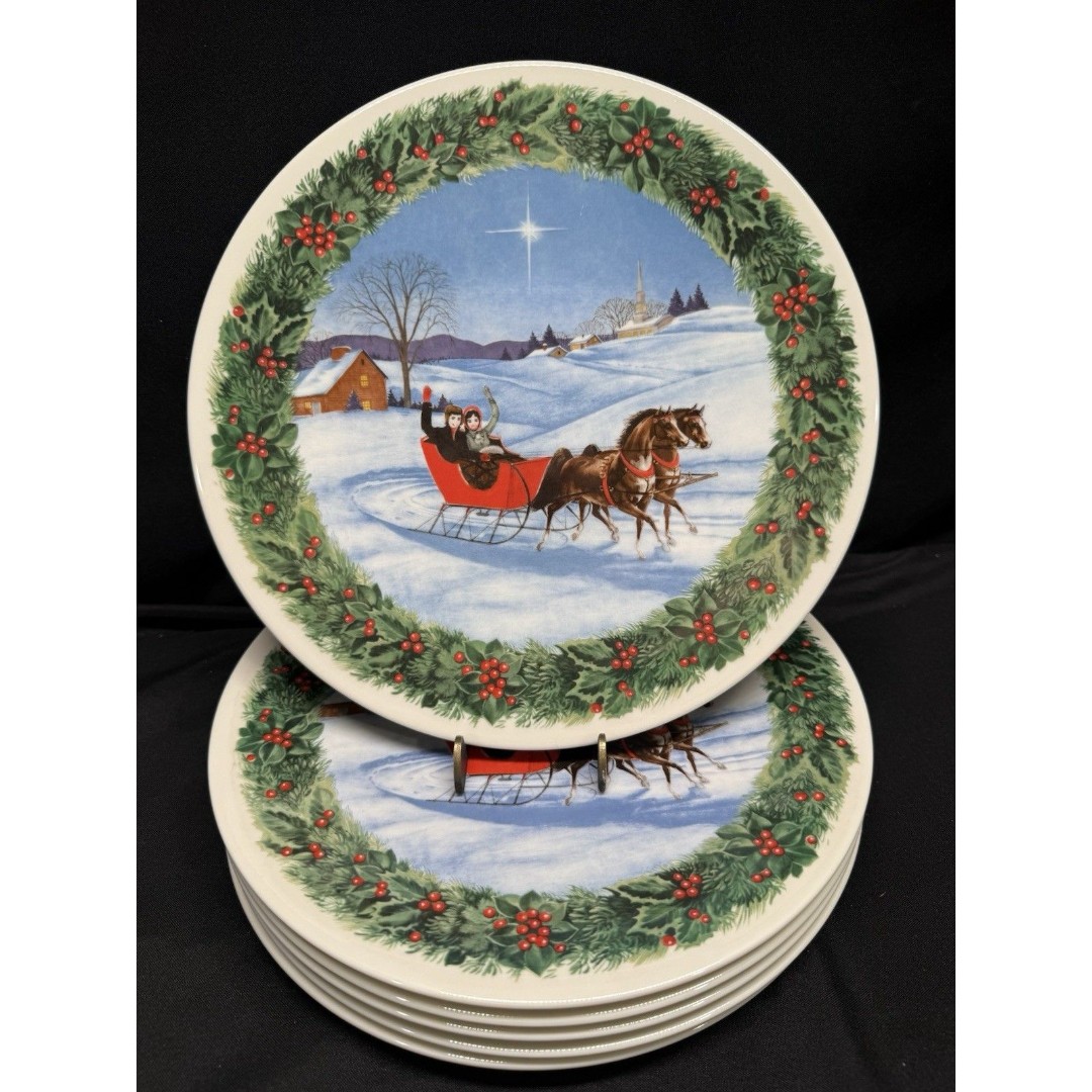 Set Of 6 Pickard China Sleigh Ride Dinner Plates 10.5” Round Ex Cond. Christmas