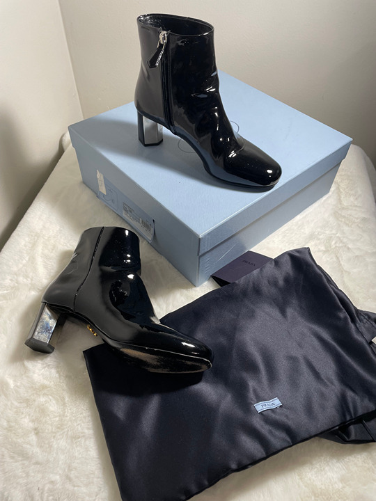 Prada European Size 36 Shootie Bootie Metallic Heel Patent Leather Box Dustbag