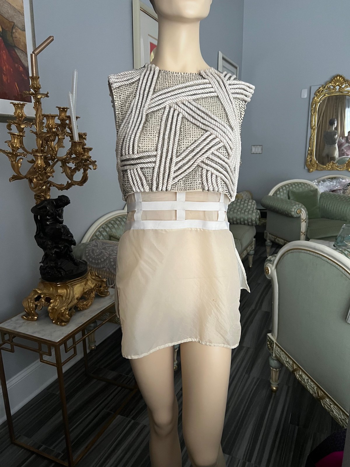 Silk beige embroidered sleeveless stylish top, size 6