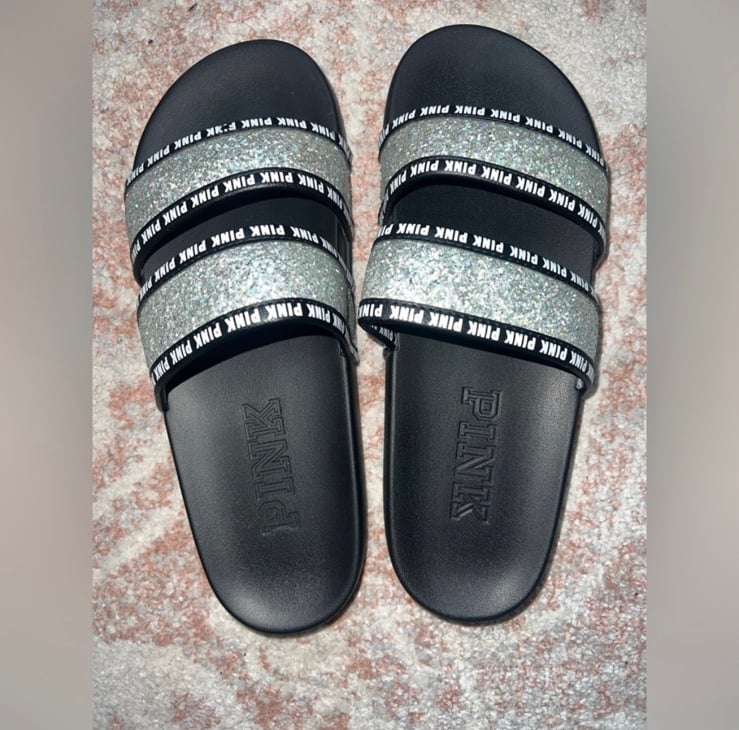 Victoria Secret Pink silver two strap slides