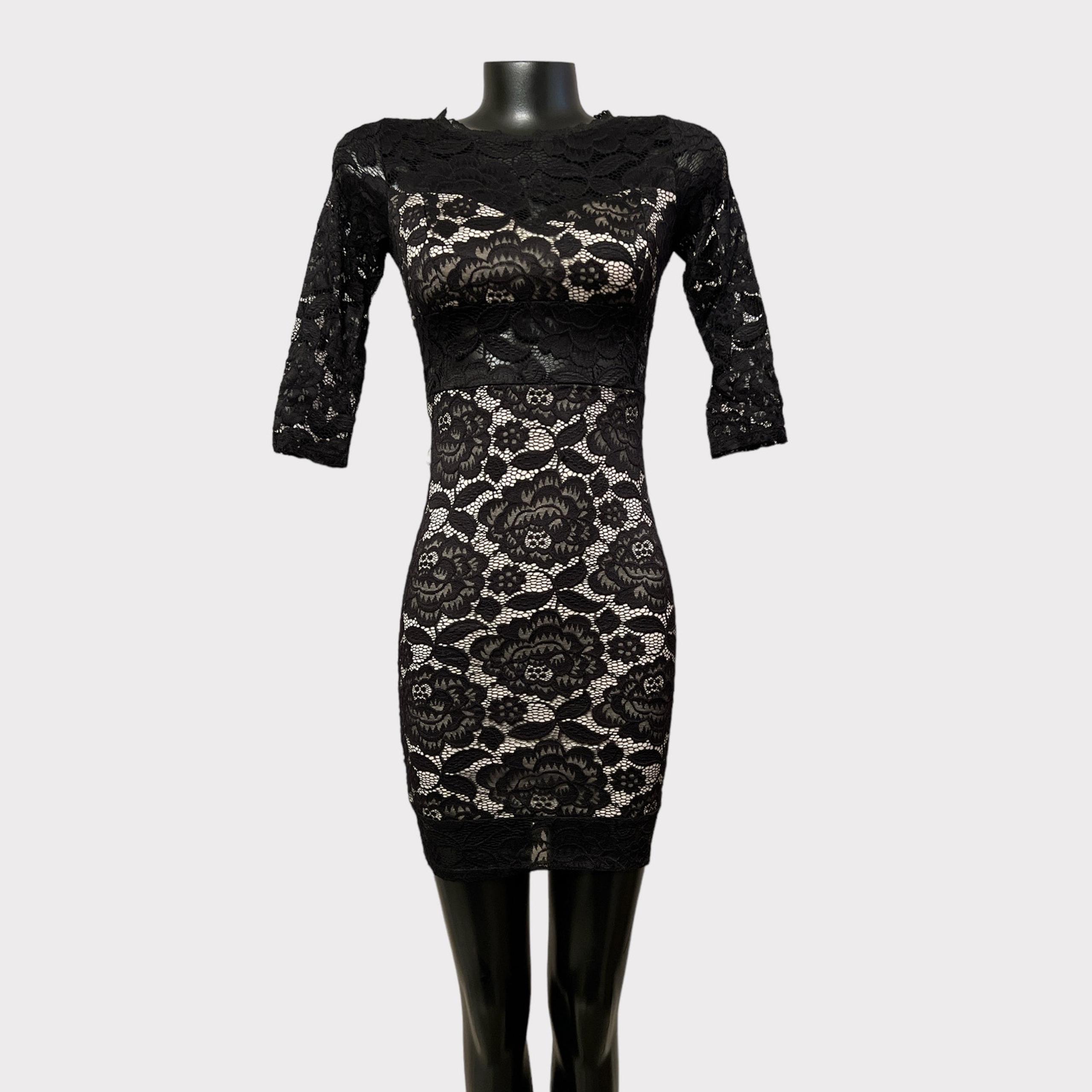 VINTAGE Long Sleeve Lace Mini Bodycon Dress Womens sz S XS Black Witchy Gothic