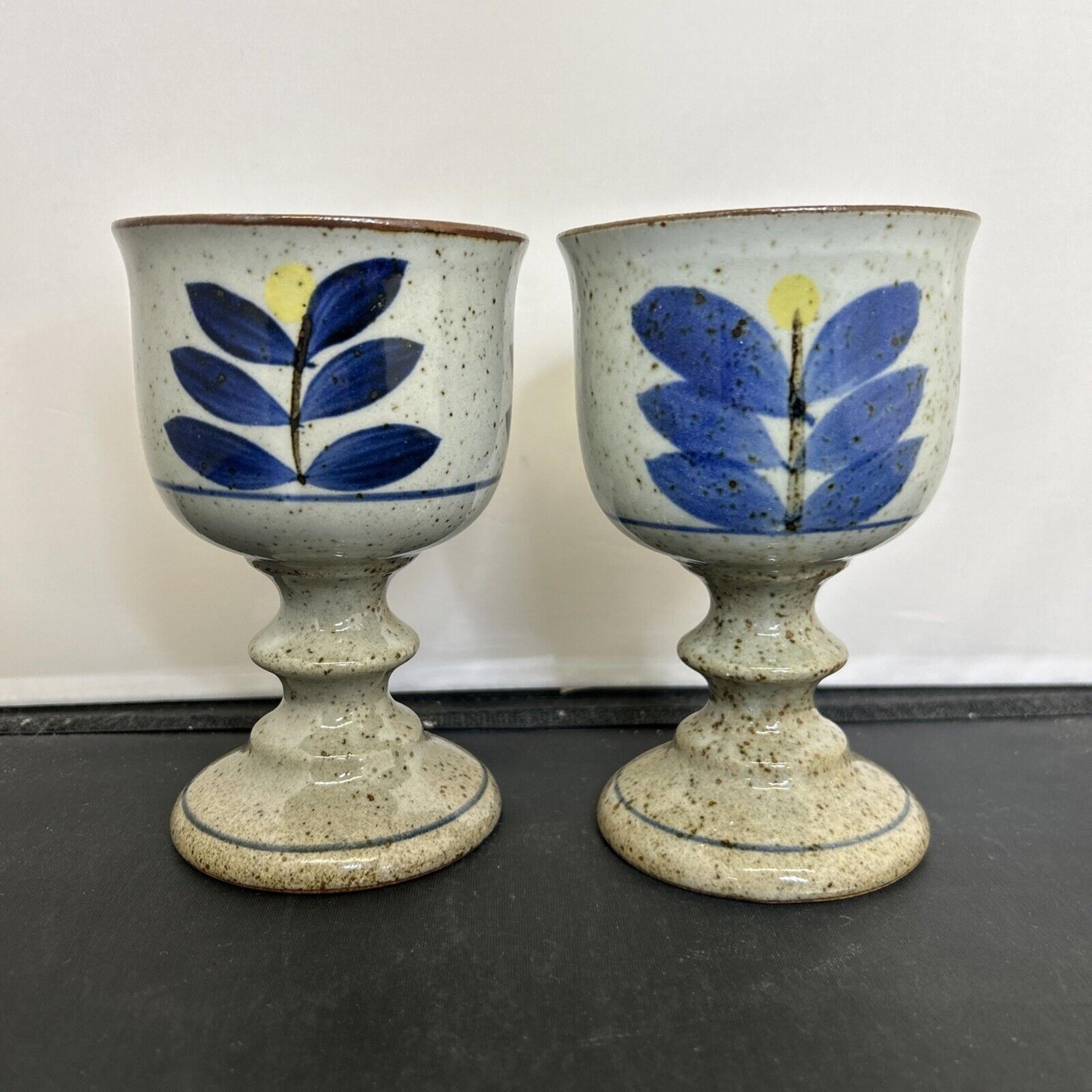 (2) Vtg Otagiri Floral Stoneware Pottery Goblet Wine Glass MCM Benefits Charity