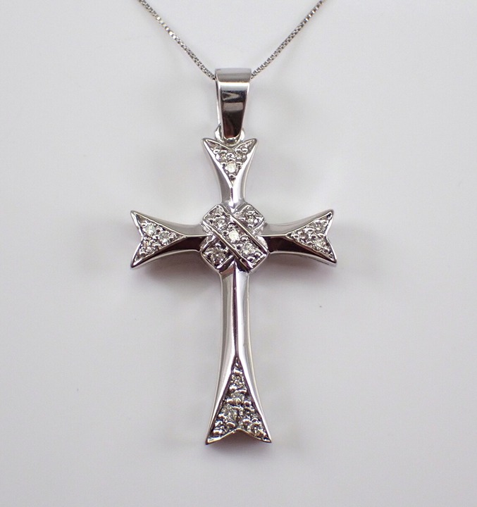 Simple Diamond Cross Pendant and Chain - 14K White Gold Religious Necklace