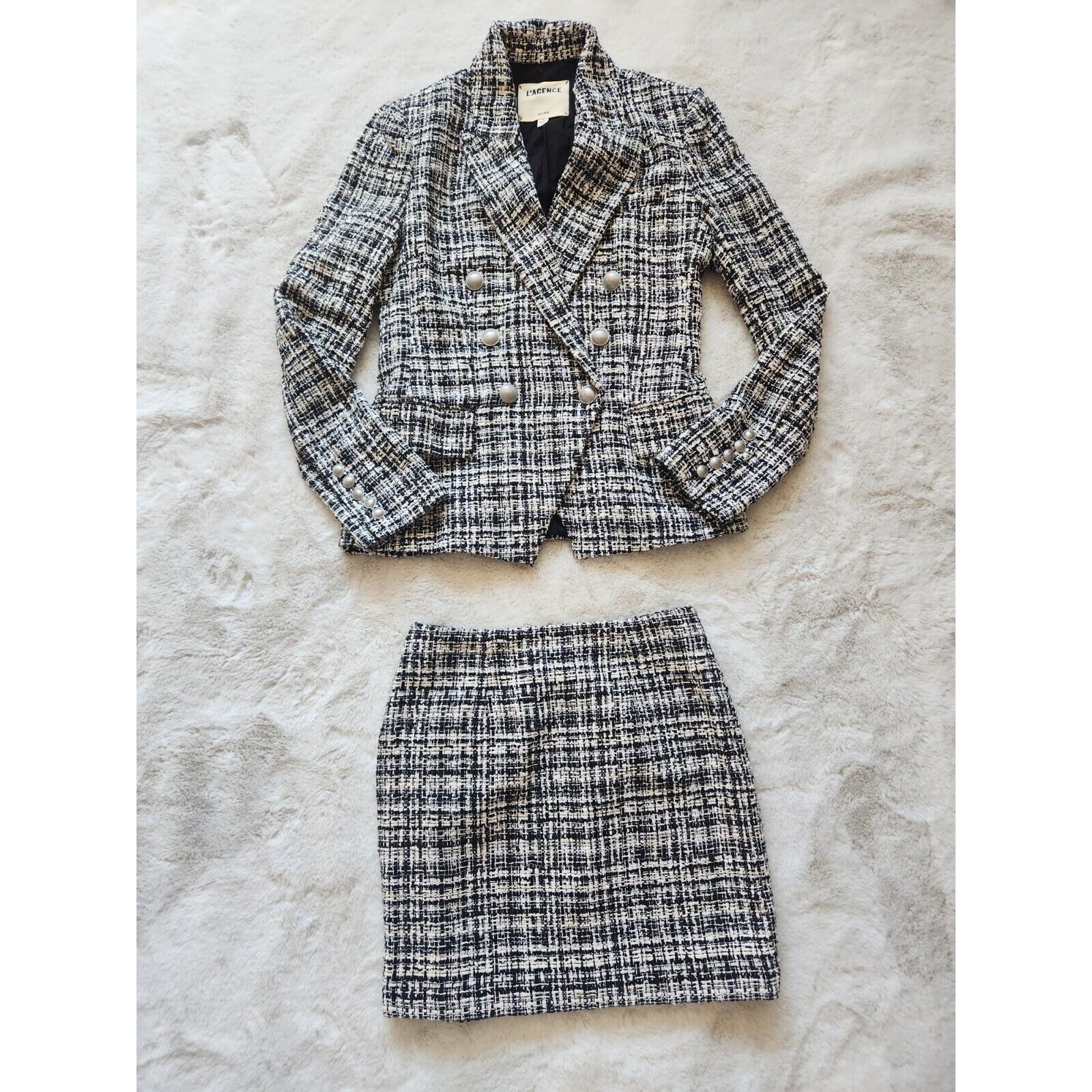 NWOT L'AGENCE Kenzie Tweed Double-Breasted Blazer & Shirt Set Sz 2 Cream #1K407