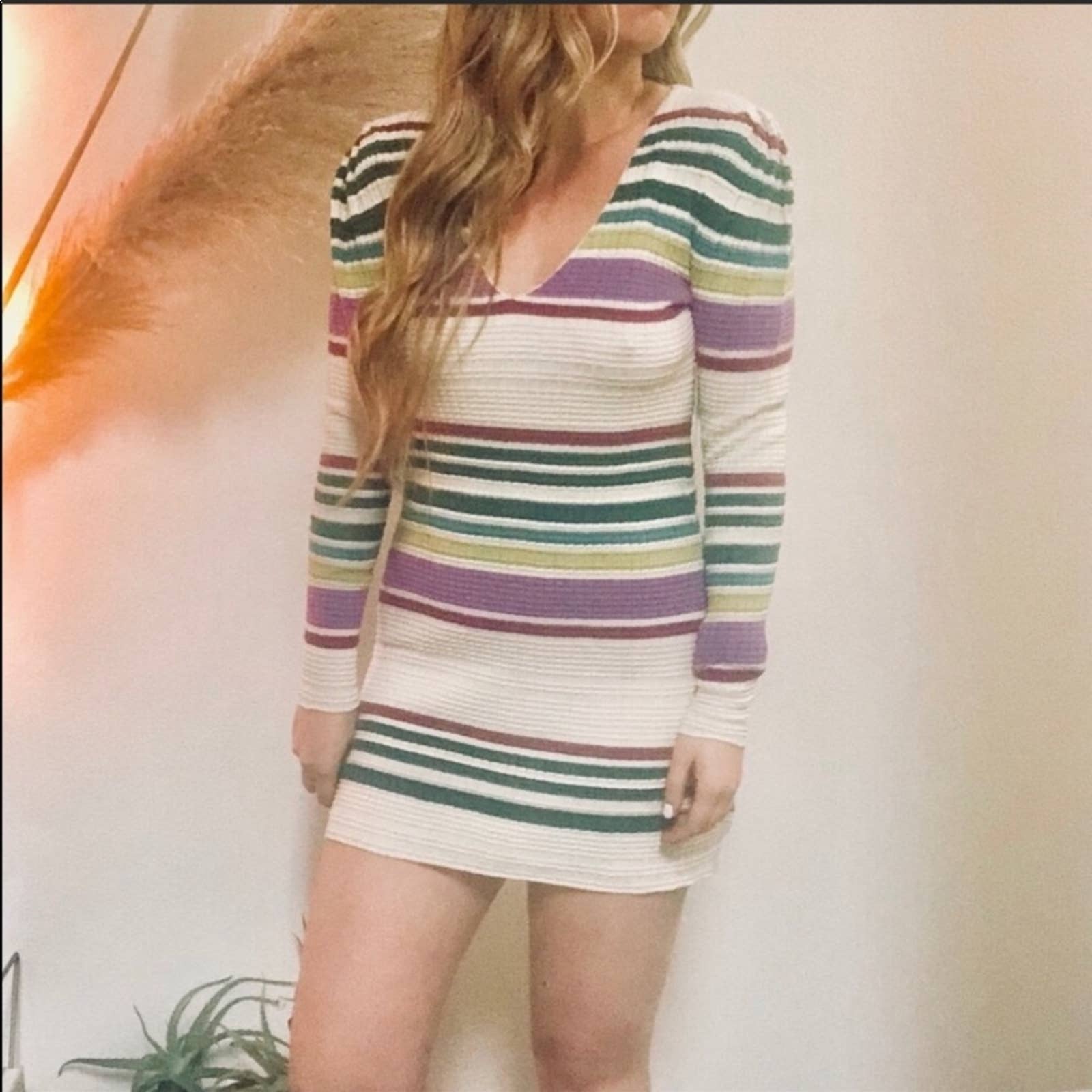 NEW FREE PEOPLE Cream Stripe Green Pink Gidget Knit Sweater VNeck Mini Dress XS NEW FREE PEOPLE Cream Stripe Green Pink Gidget Knit Sweater VNeck Mini Dress XS