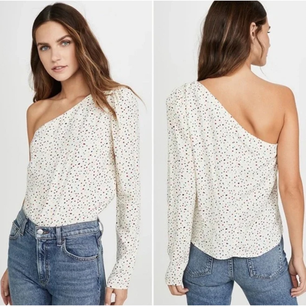 Reformation L Francine One Sleeve Polka Dot Top Puff Shoulder Blouse Cream White