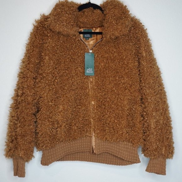 Women/'s Wild Fable Brown Cognac Sherpa Zip Up Teddy Jacket
