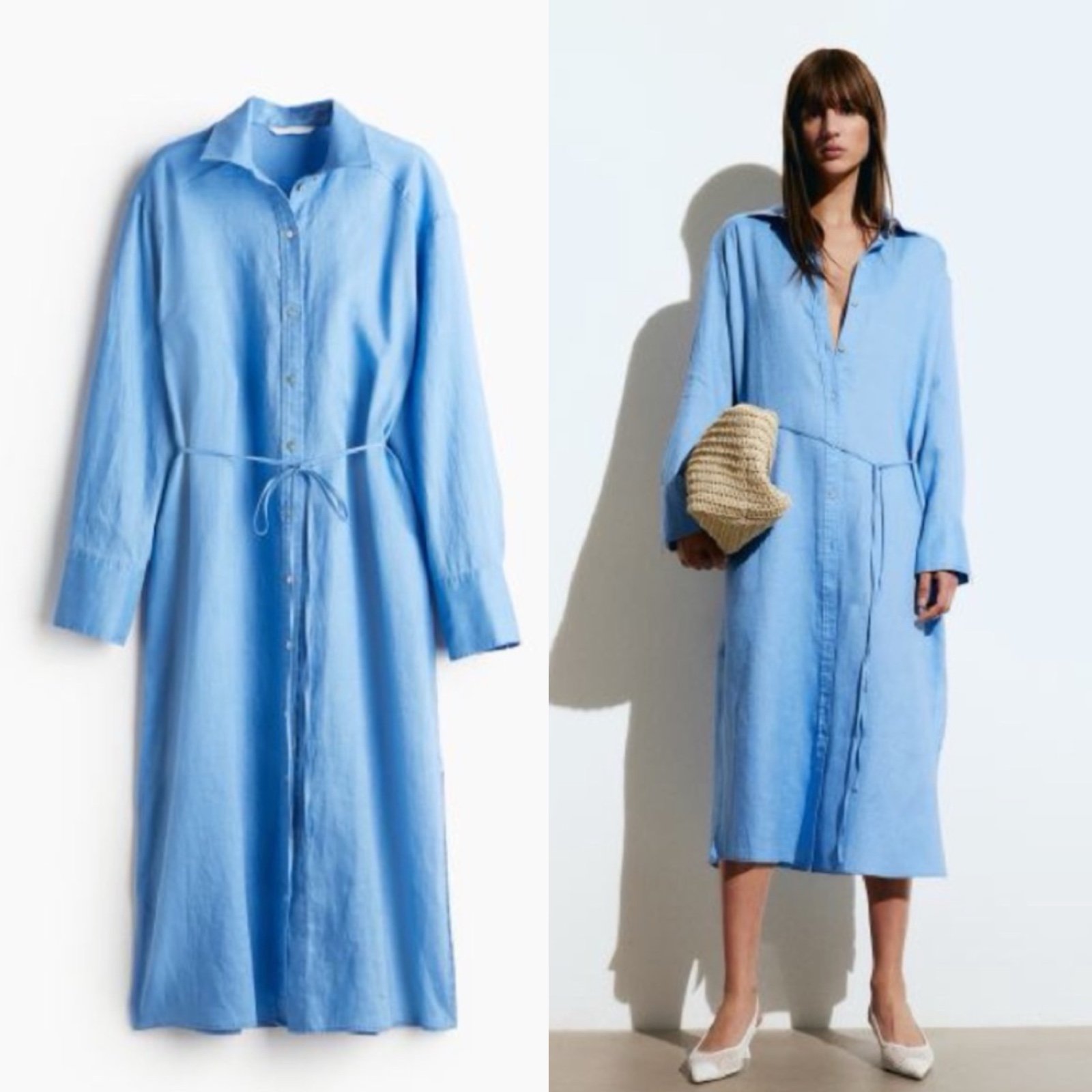 Blue Linen Blend Shirt Dress (S)