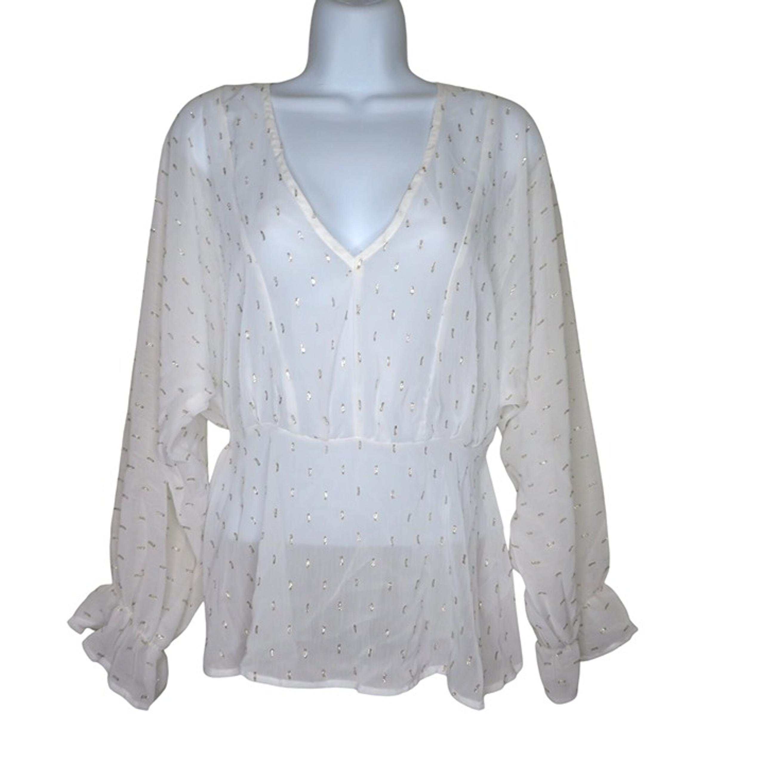Nasty Gal Spark In The Dark Metallic White Blouse V-Neck Long Sleeve Sheer Light
