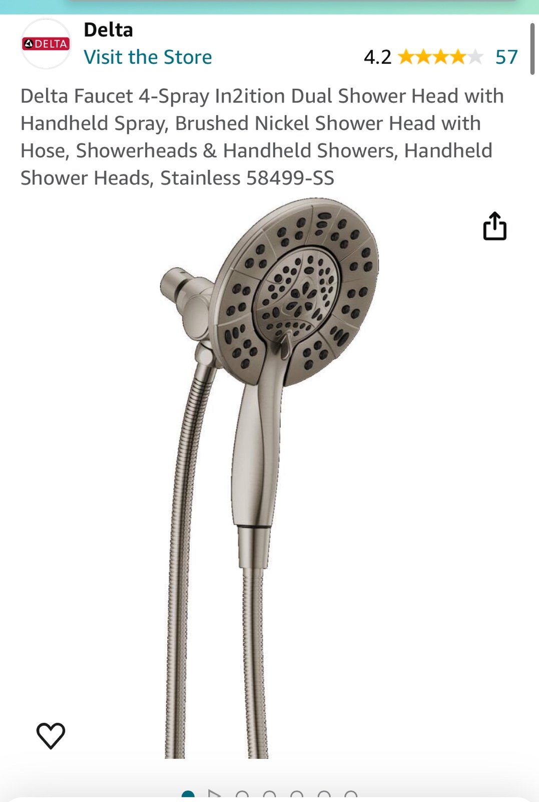 Delta Faucet 4-Spray In2ition Dual Shower Head with Handheld Spray, Brushed Nick