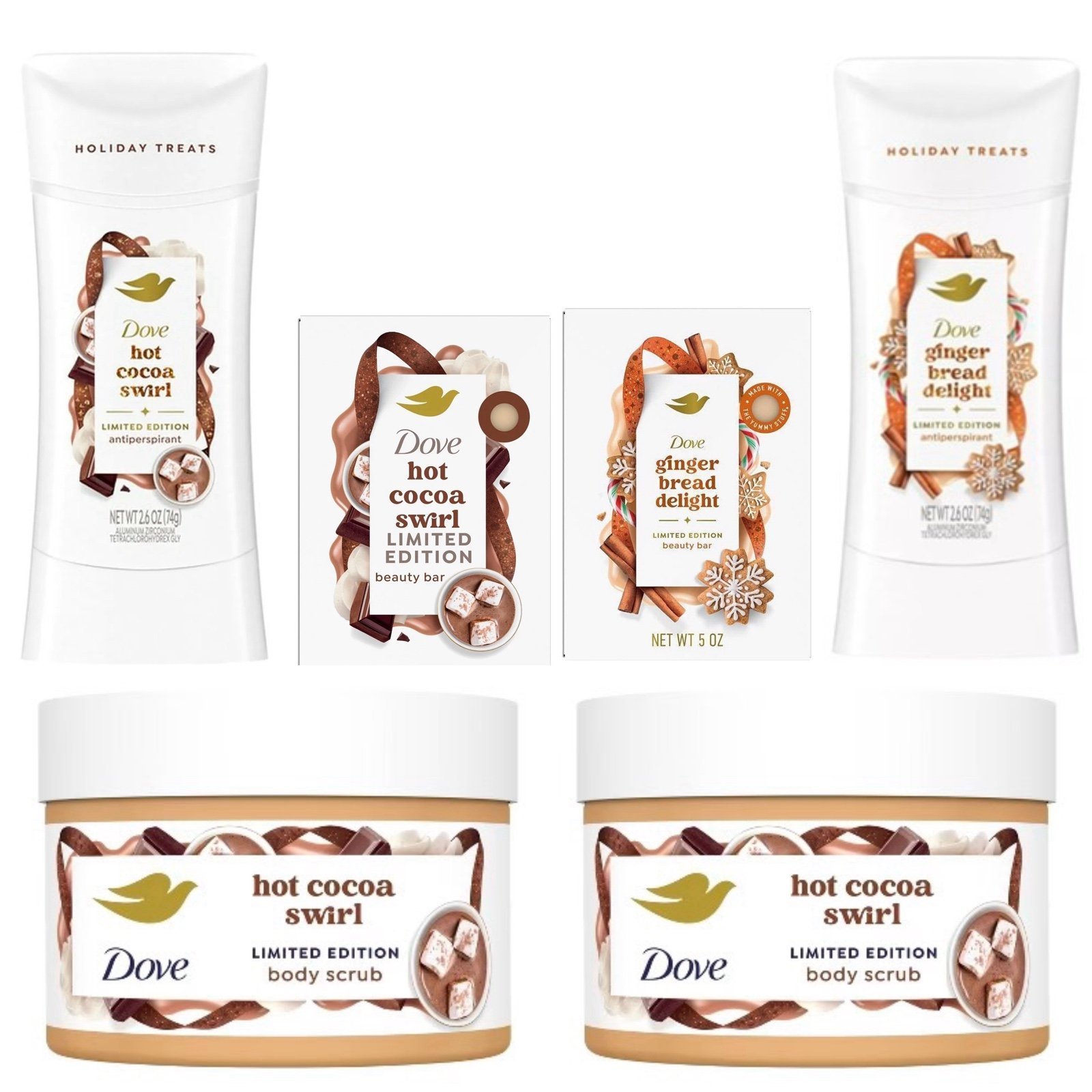 dove hot cocoa scrub x2, soap/beauty bar, deodorant, gingerbread soap, deodorant