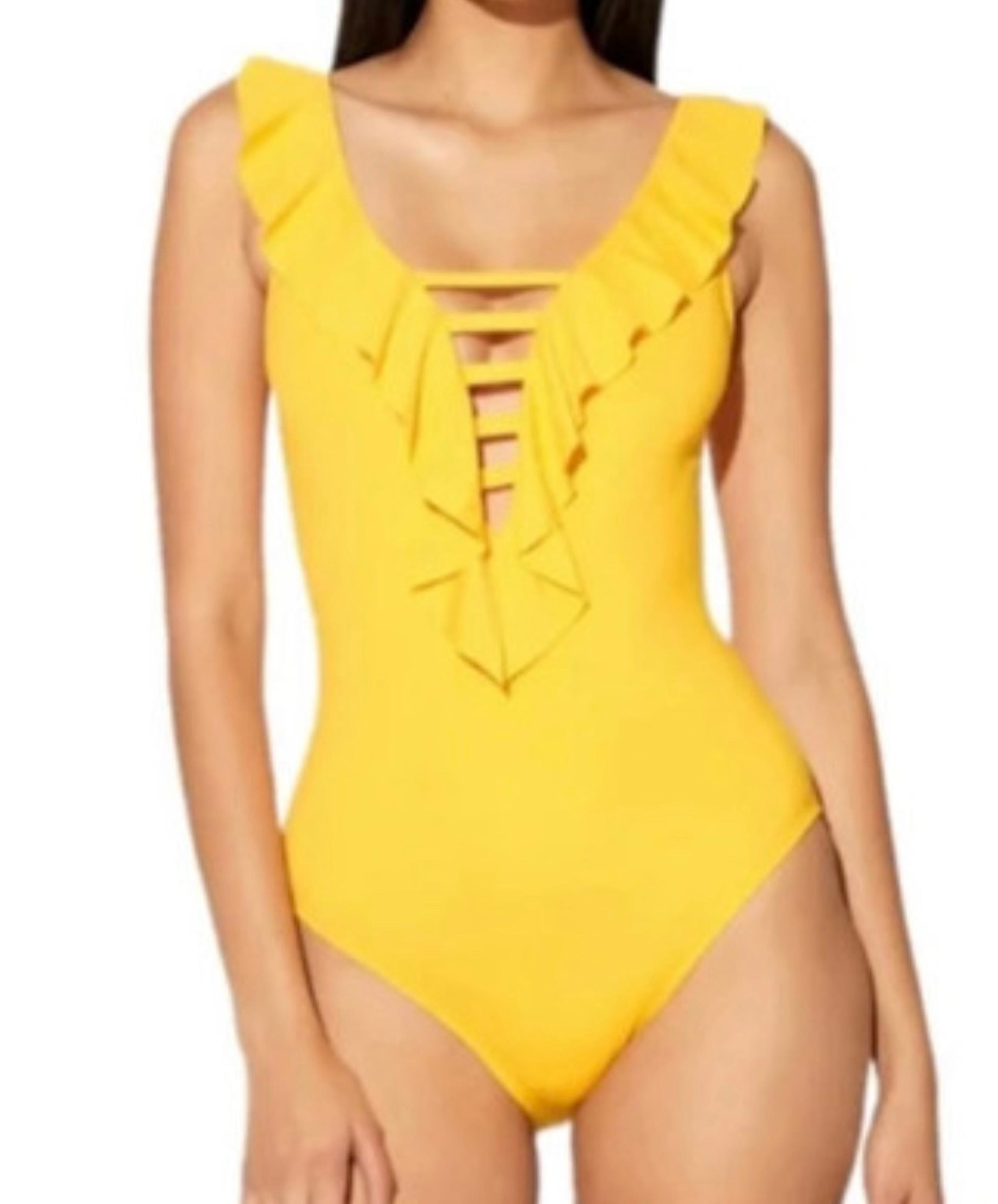 Bleu Rod Beattie Ruffle Lattice Plunge Floral One Piece Swimsuit Sz 6 Yellow