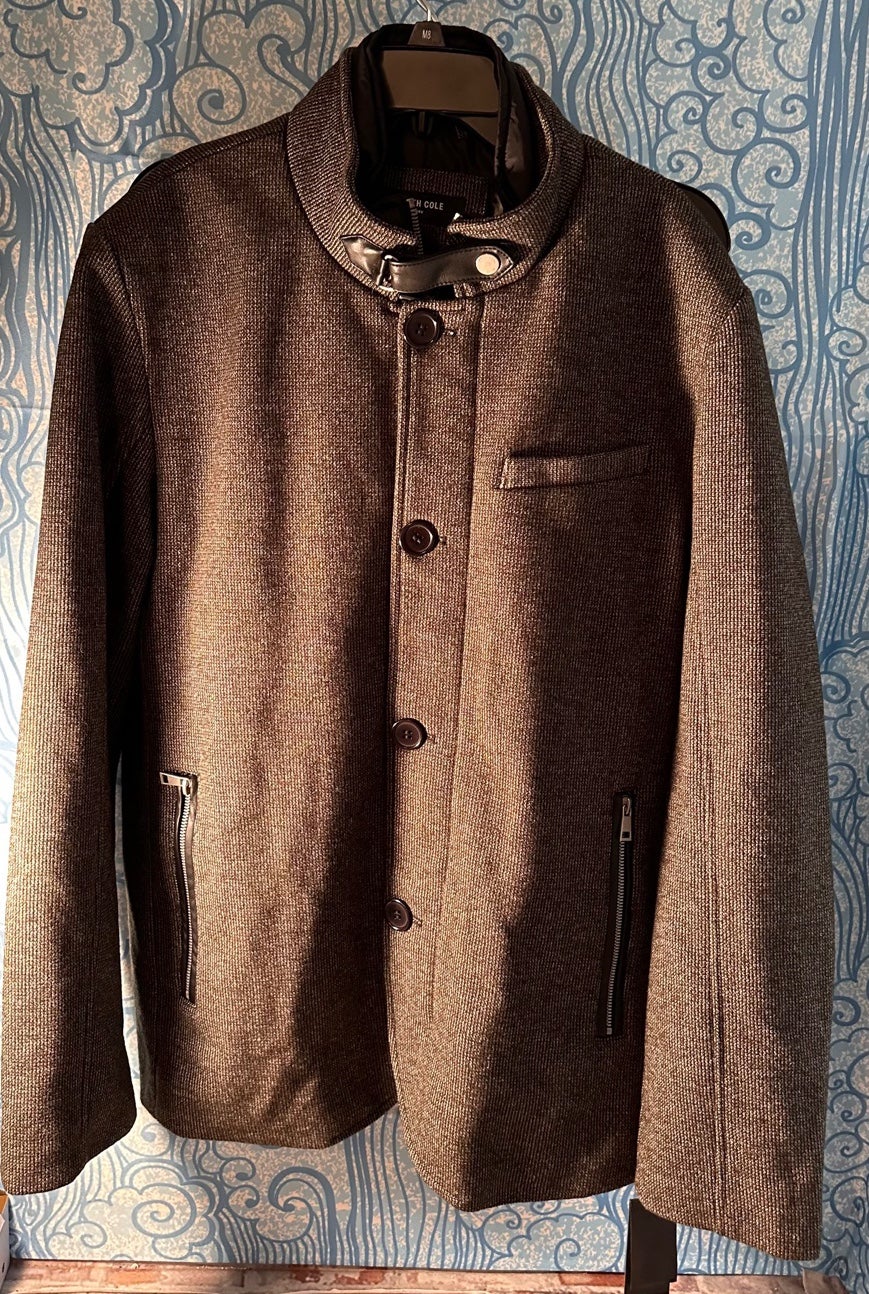 Kenneth Cole Wool blend bib coat with zipper pockets and neck detail