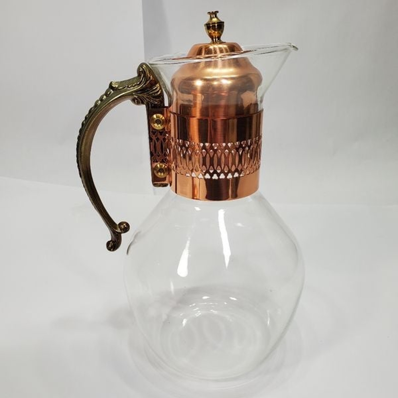 Vintage Copper Corning Brand Heat Proof Glass Coffee Carafe and Warming Stand