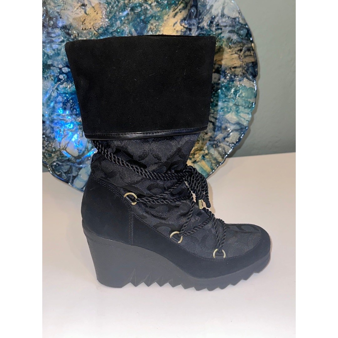 Like New Coach Maisy Leather Suede Signature C Wedge Heel Boots 7B
