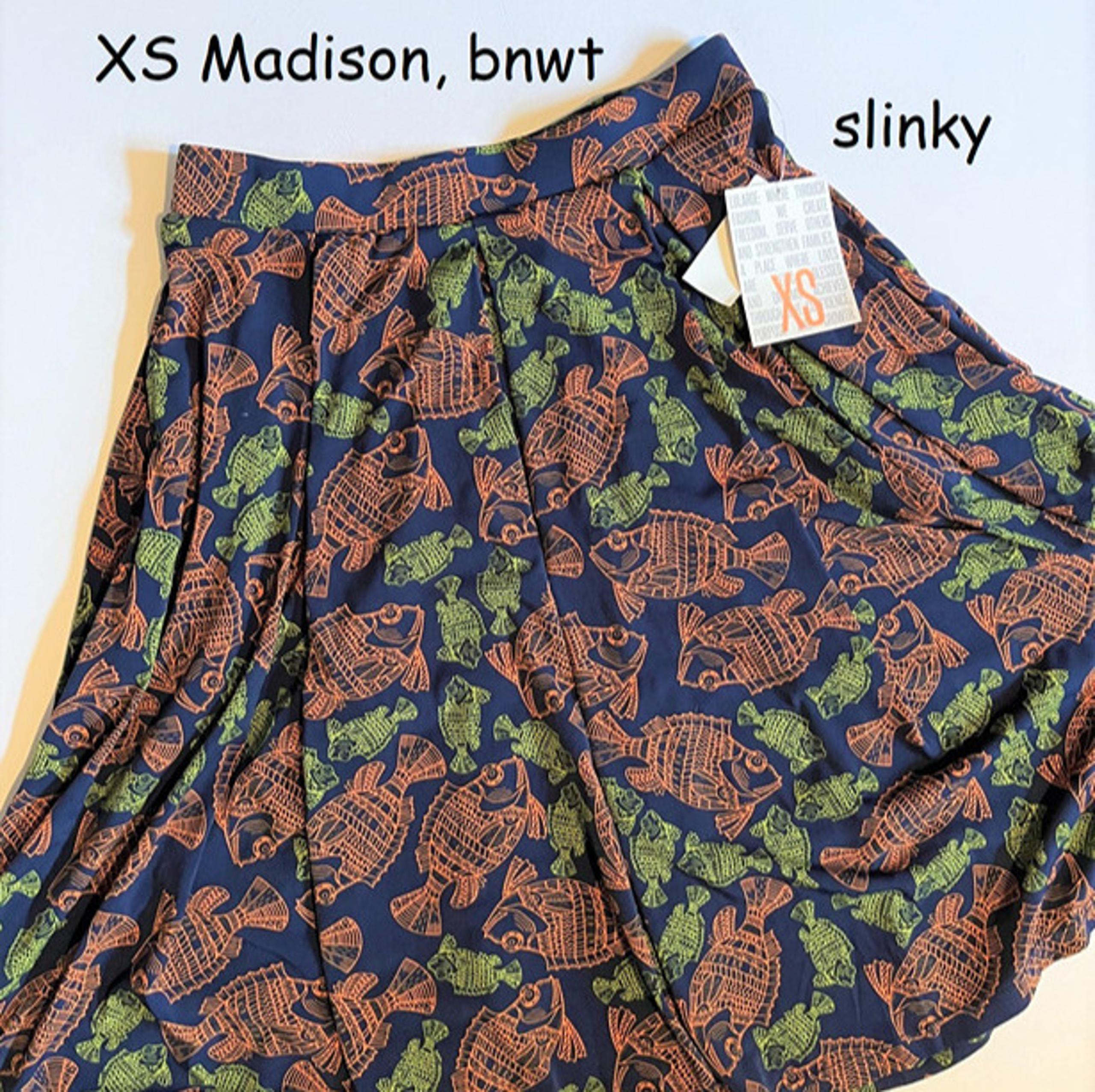 XS Lularoe Madison full skirt, navy with orange and green fish, slinky