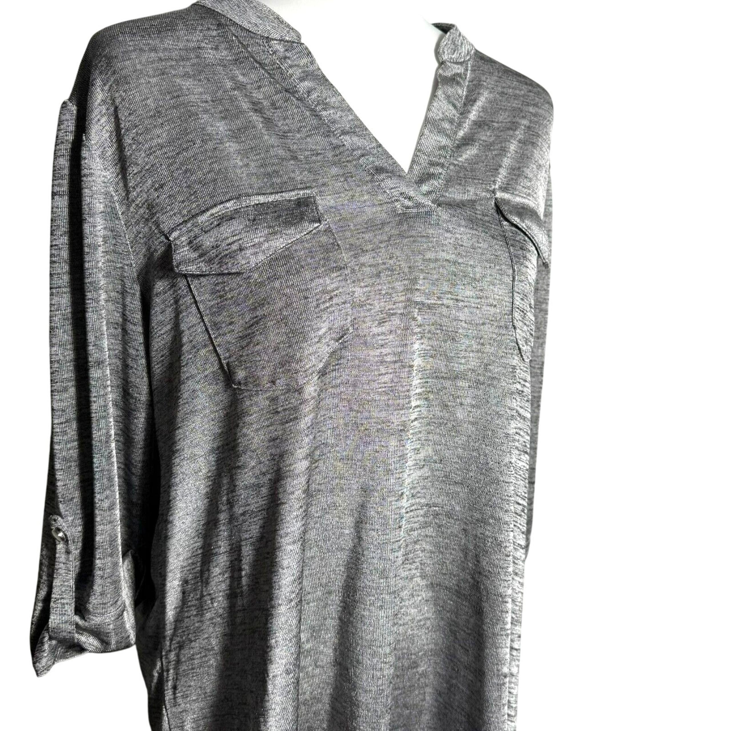 COCOMO Women 3X Heather Gray Roll Tab Short Sleeve Chest Pockets Boyfriend Shirt