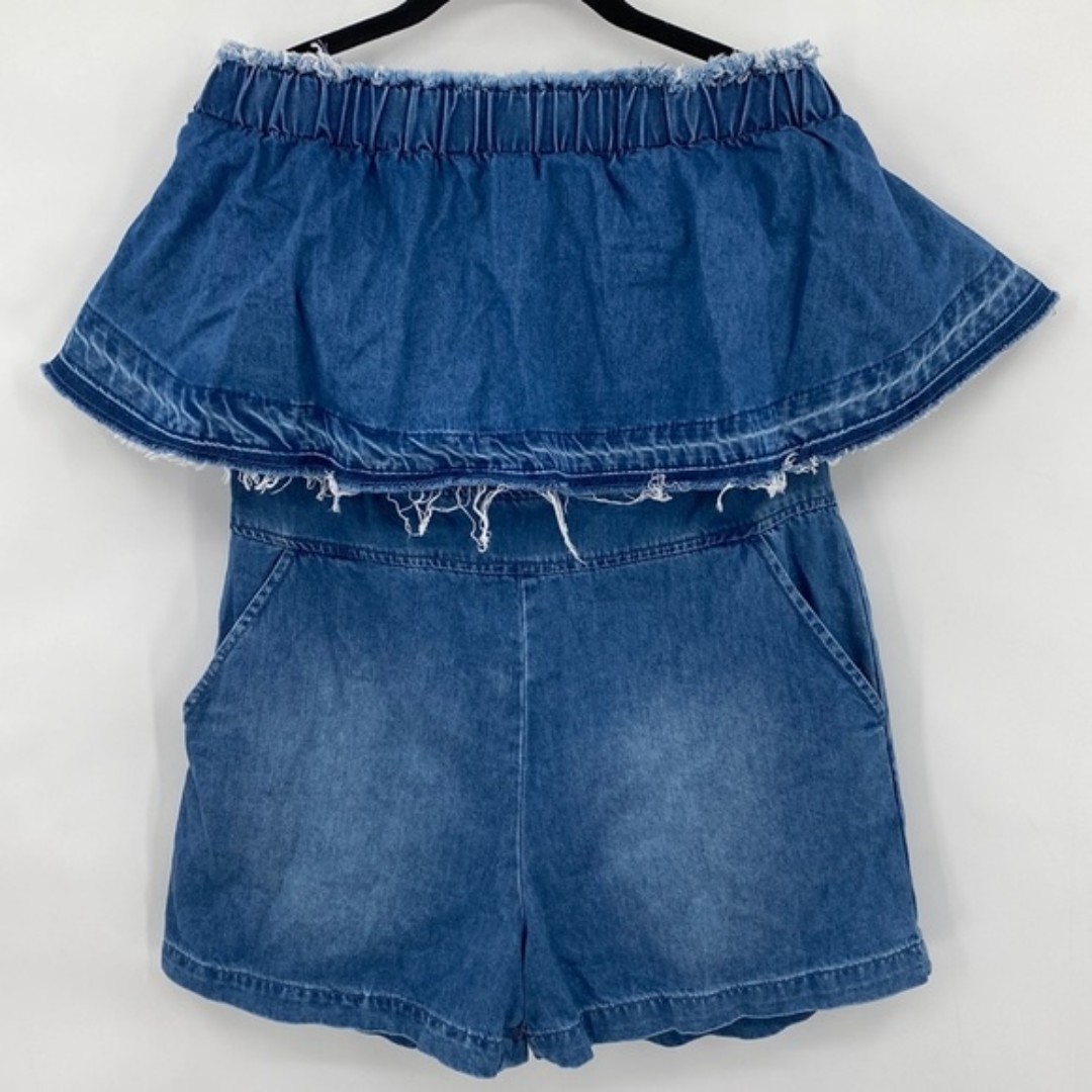 Umgee Bohemian Off Shoulder Chambray Denim Romper Casual Size Medium