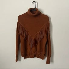 Philosophy Brown Cowl Turtleneck Sweater with Fringe Detail