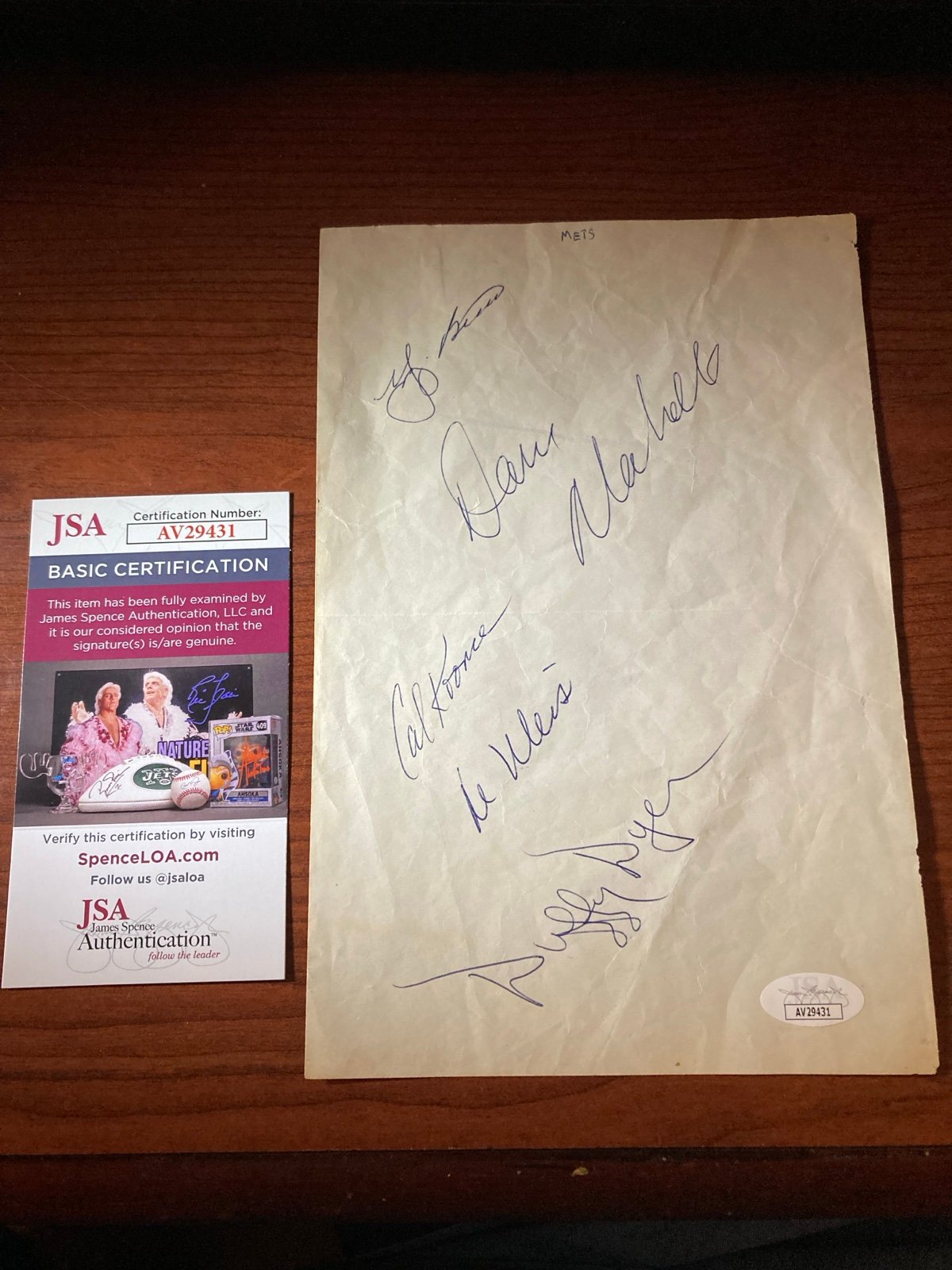HOFer Yogi Berra w Other 70’s Mets Signed On Paper Autographs-JSA Authentication
