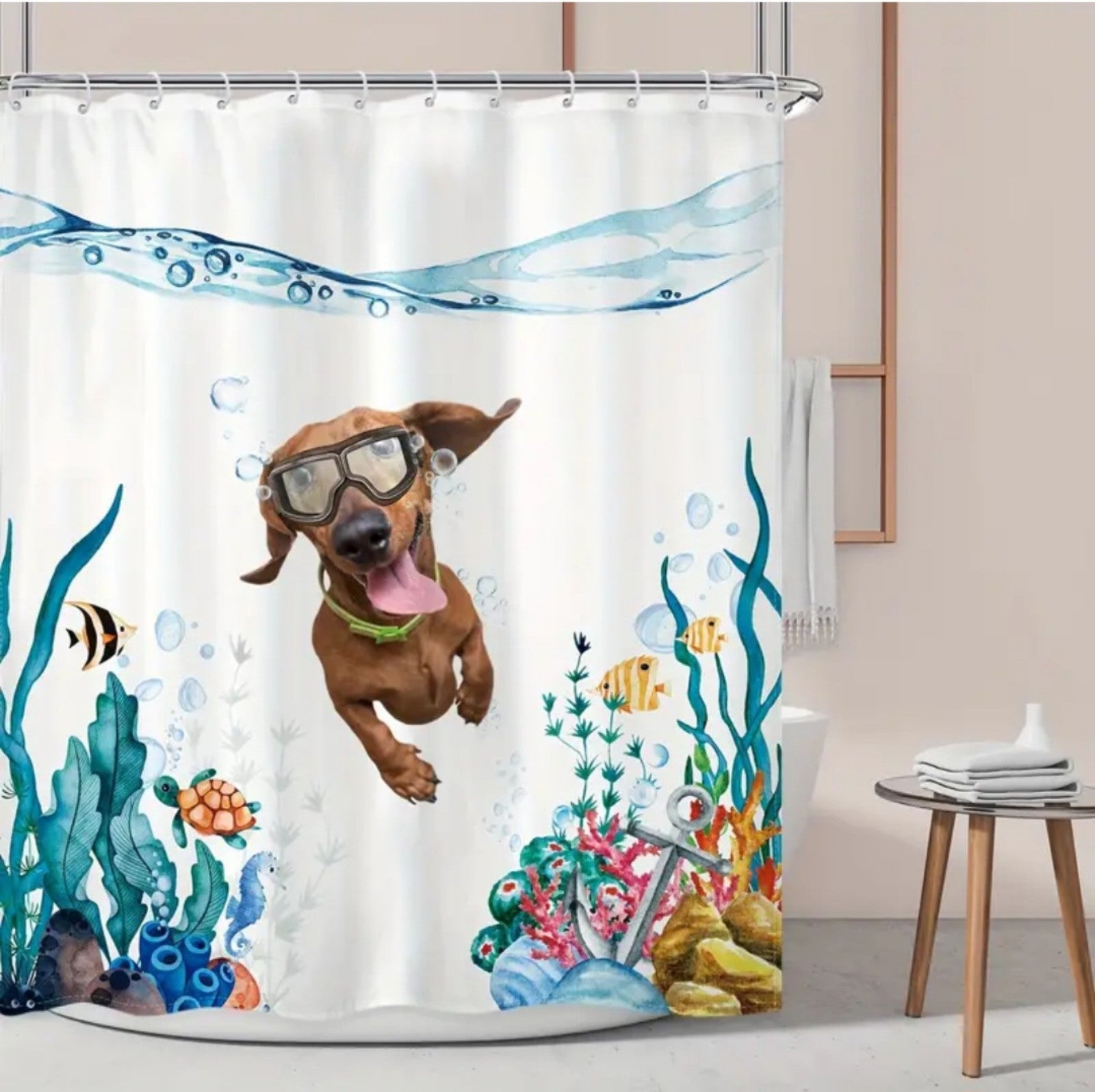 HOME GOODS WHIMSICAL SWIMMING DASCHUND PUP SHOWER CURTAIN NWT