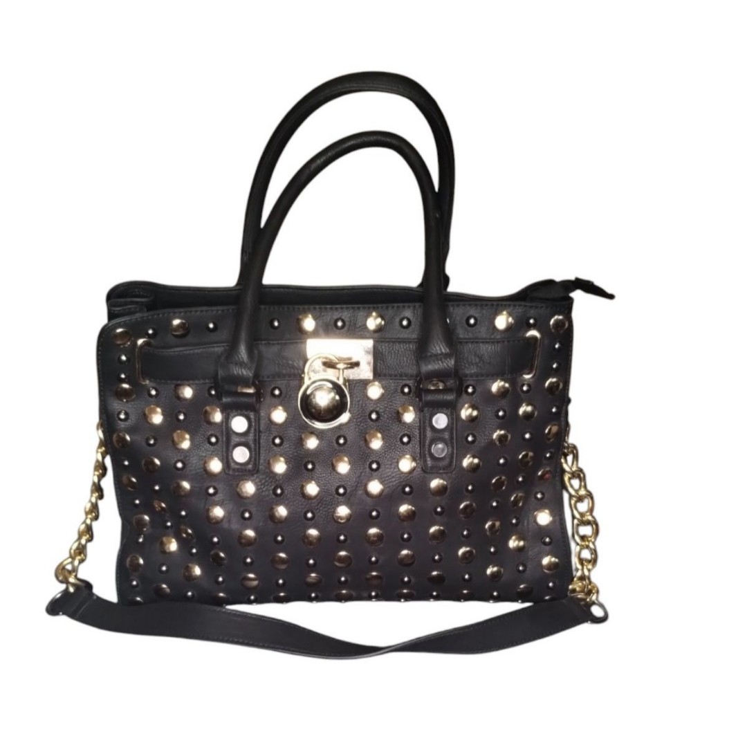 Black Leather Brass Studded Chain and Leather Handles Purse Satchel Tote