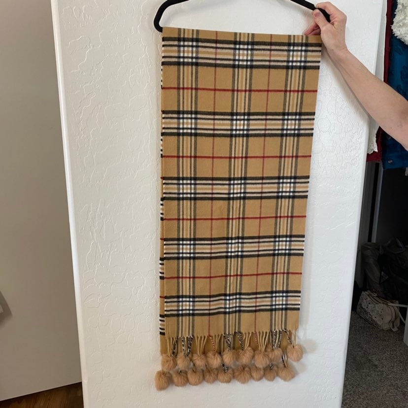 Rabbit Fur Fringe Tan Plaid Scarf