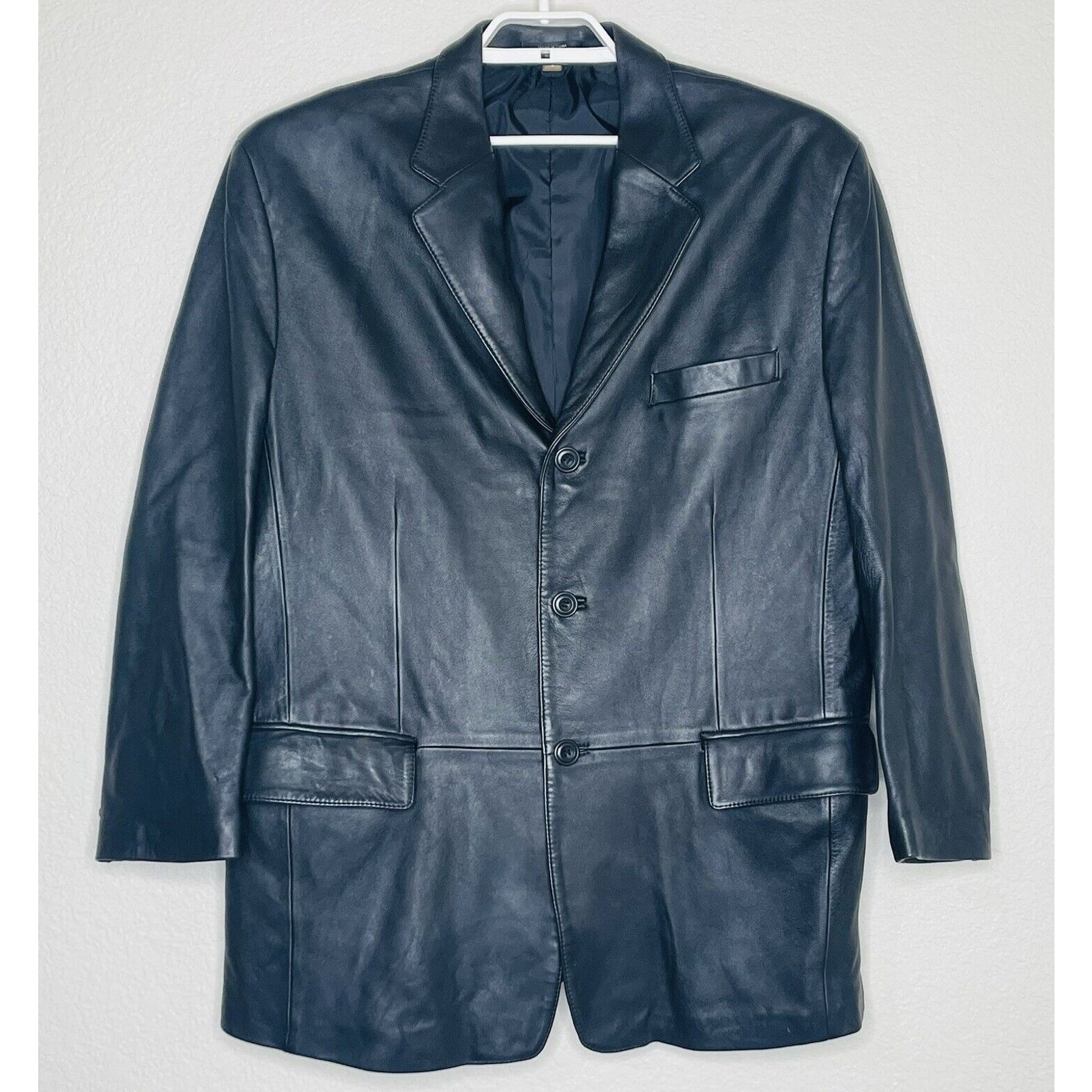 J FERRAR Mens Black Leather Blazer Jacket Car Coat Size Large 3 Button Lined