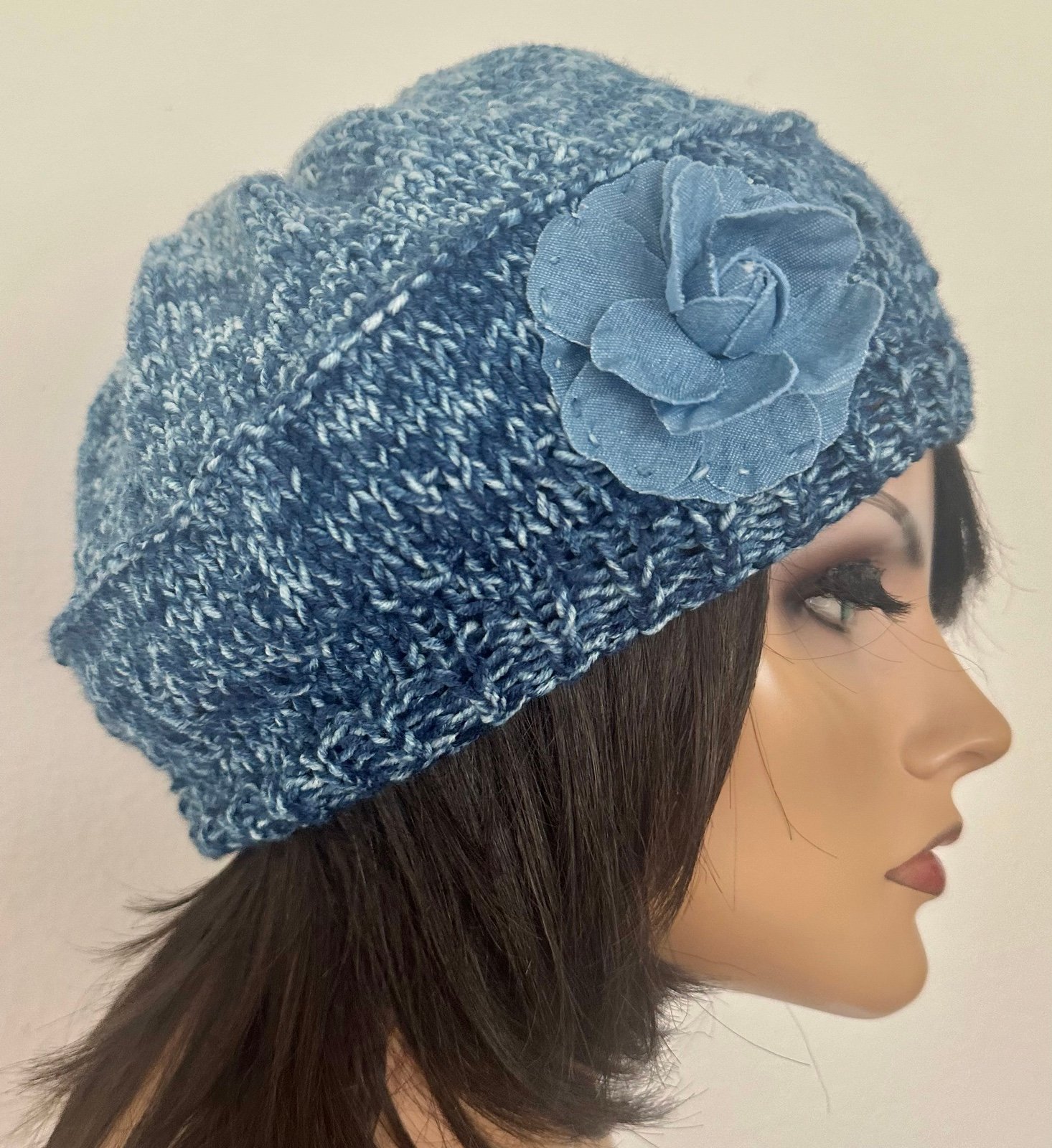 Hand Knits 2 Love Slouch Hat Beanie Stonewashed Denim Blue Flower Designer Winte