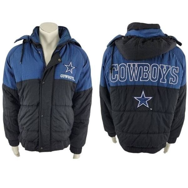Dallas Cowboys Pro Player NFL VTG Spell Out full Zip hooded Puffer Jacket Medium