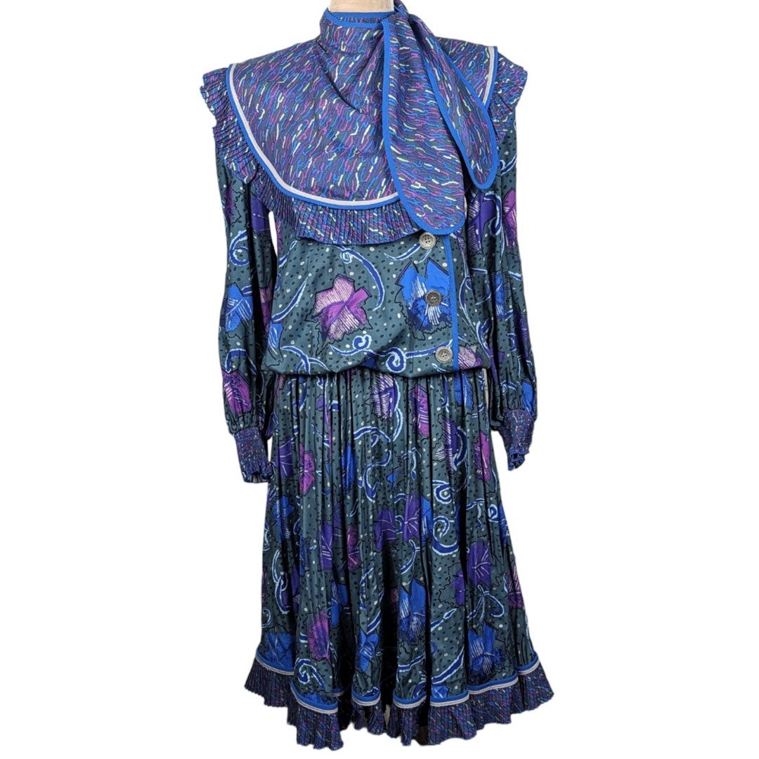 VINTAGE 70's 80's Cottage Western Secretary Librarian Geek Chic Midi Dress Small