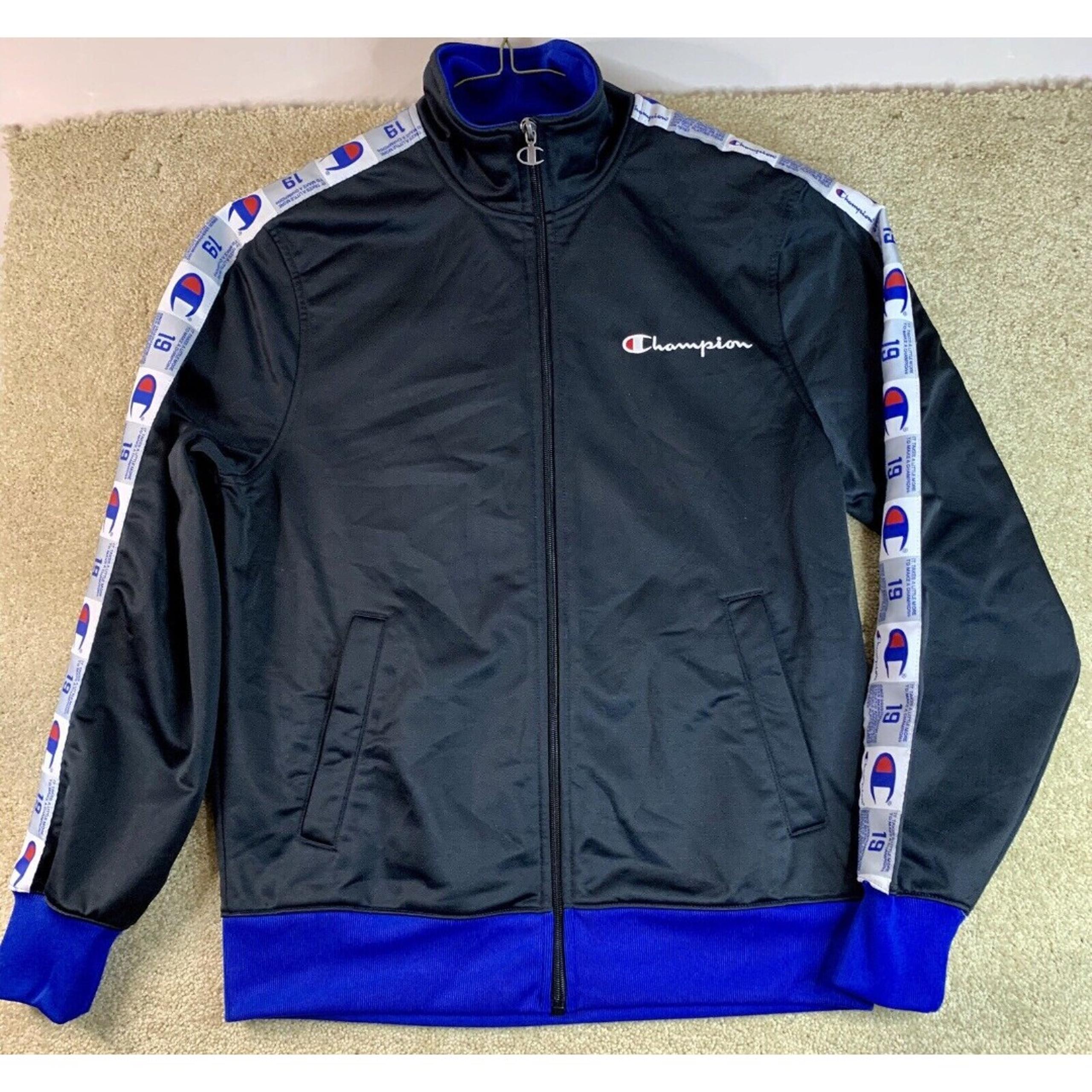 Vintage Champion Mens Track Jacket Blue Black Spell Out Down Arm Full Zip Medium