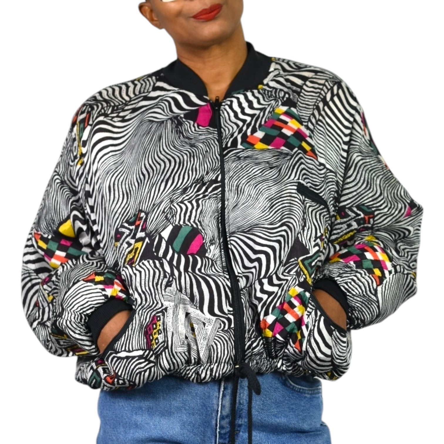 Vintage Magic Print Bomber Jacket Silky Black Multi Zip Front Zebra One Size OS