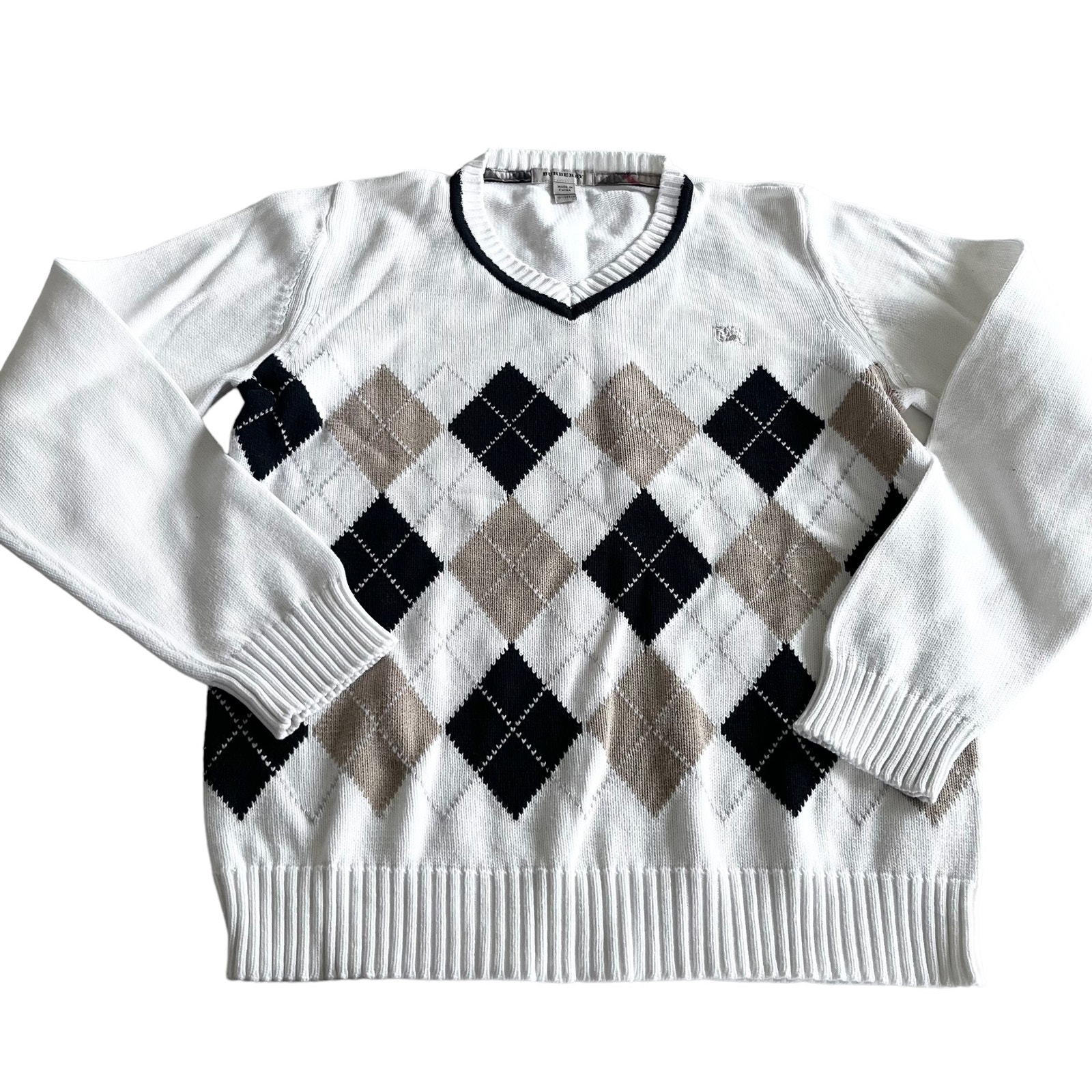 Burberry Boys White Cotton Argyle V-Neck Long Sleeve Sweater Size 10