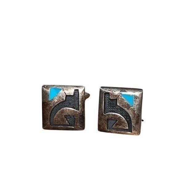 Vintage Southwestern Turquoise Sterling Silver Tribal Cufflinks Men Accessory