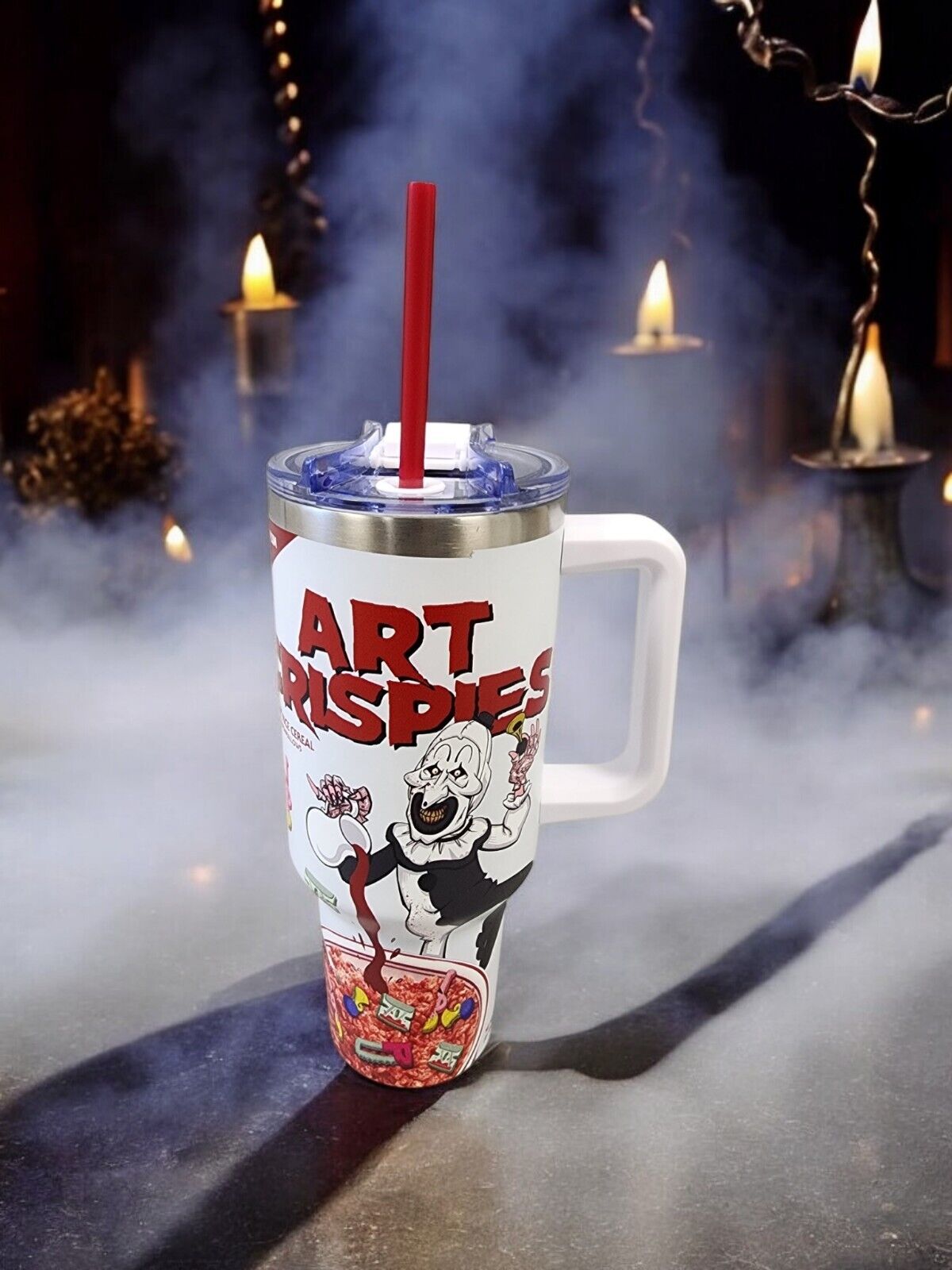 DAMIEN LEONE ART CRISPIES TRAVEL TUMBLER WITH STRAW 40OZ TERRIFIER READY TO SHIP