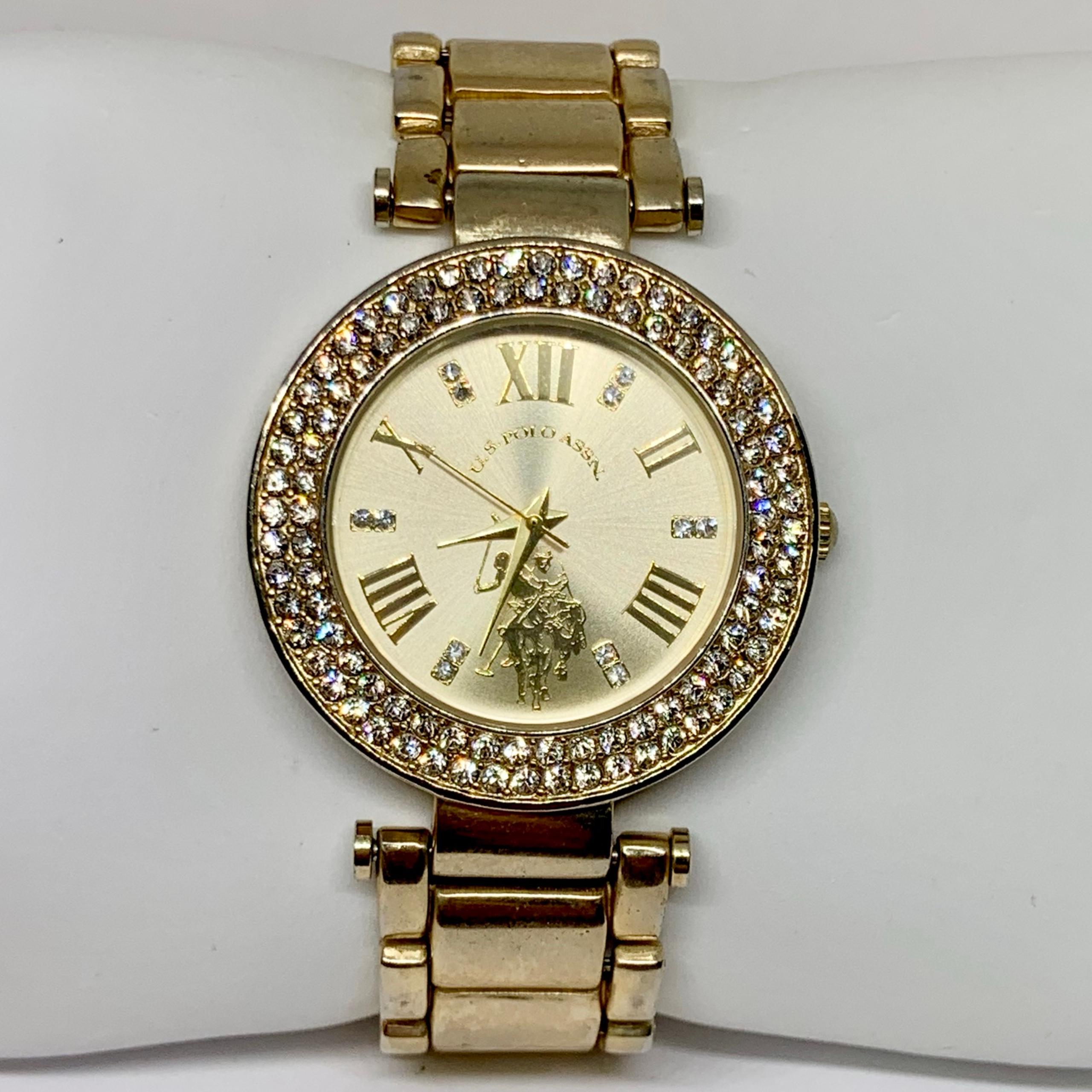 US Polo Assn women’s gold tone rhinestones quartz analog watch 38mm running