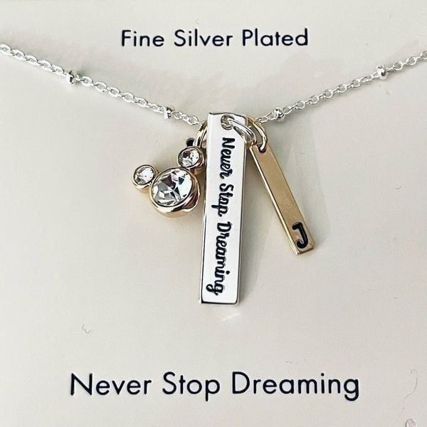 NWT Disney Never Stop Dreaming J initial 3 Charmed Fine Silver Pleated Necklace